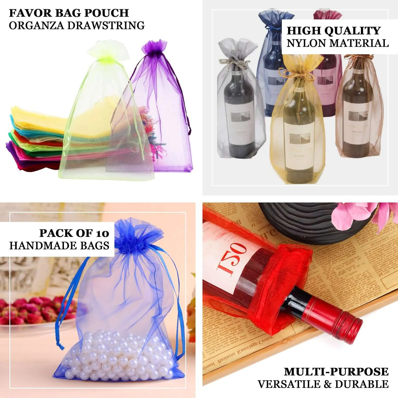 10 Pack 6"x15" White Organza Drawstring Party Favor Wine Gift Bags