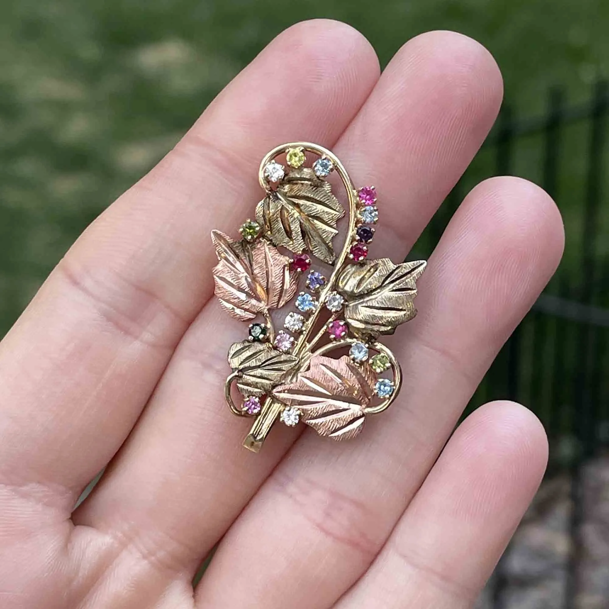 10K Black Hills Gold Multi Colored Quartz Ruby Leaf Brooch