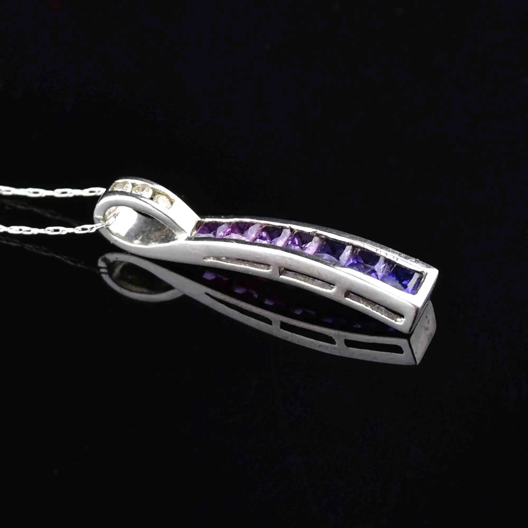 10K White Gold Diamond Amethyst Ombre Pendant Necklace