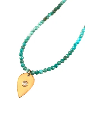 18” Faceted Turquoise Beads with 14k Gold Diamond Tear Drop Charm Necklace