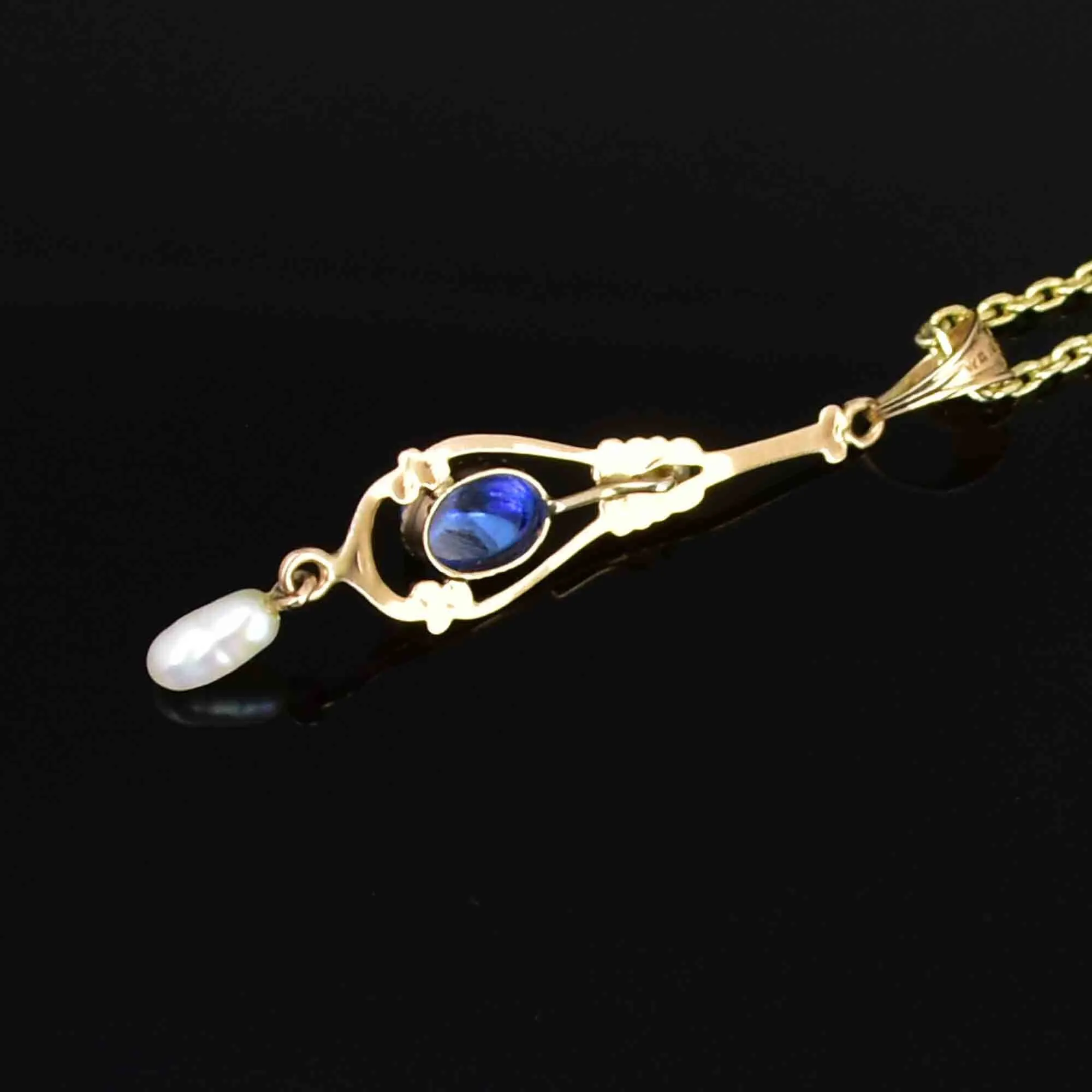 18K Gold Art Nouveau Blue Sapphire Pearl Lavaliere Necklace