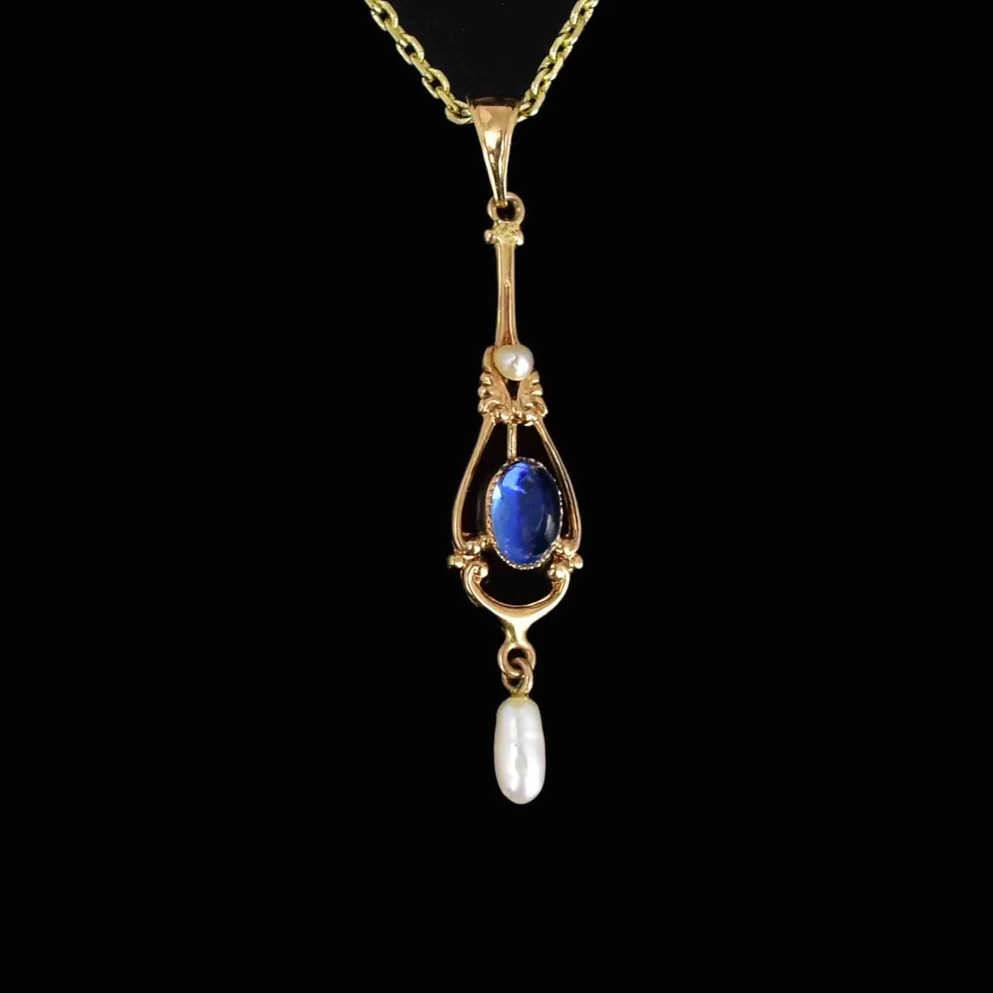 18K Gold Art Nouveau Blue Sapphire Pearl Lavaliere Necklace