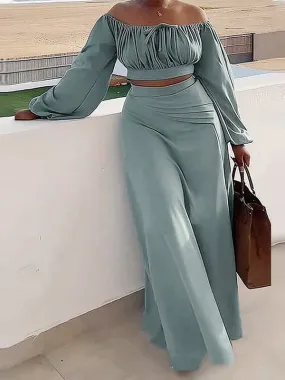 2Pcs Off Shoulder Crop Top & Split Maxi Skirt