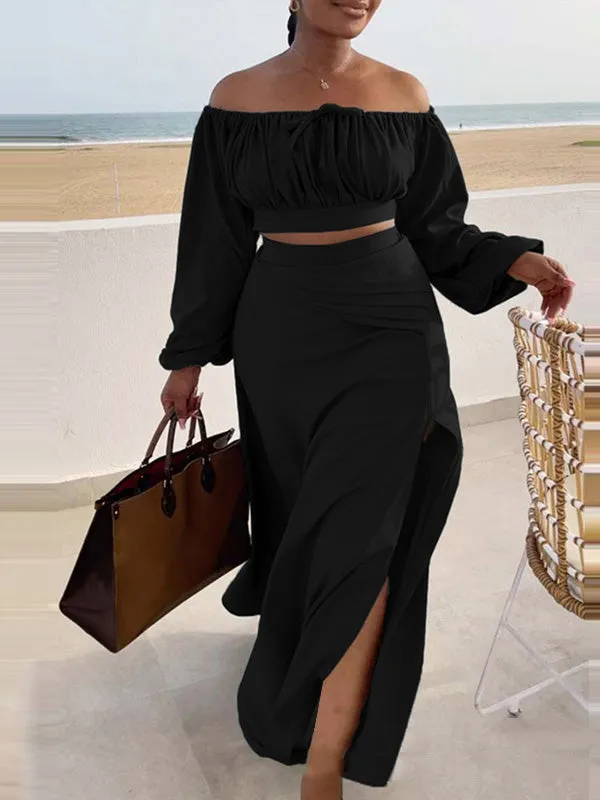 2Pcs Off Shoulder Crop Top & Split Maxi Skirt