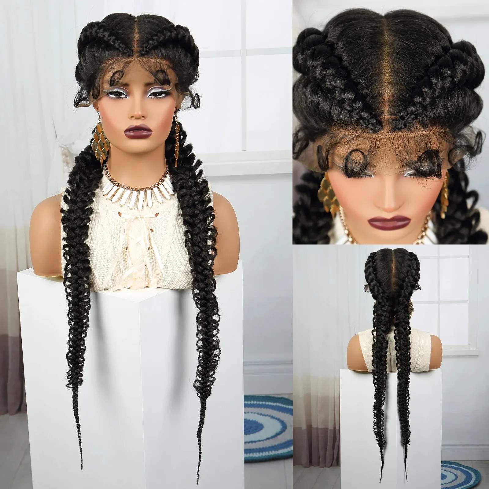 36 Inch Synthetic Lace Braided Wig Blonde Twisted Braids Wigs Transparent Lace Front Braided Wigs for Black Women with Baby Hair