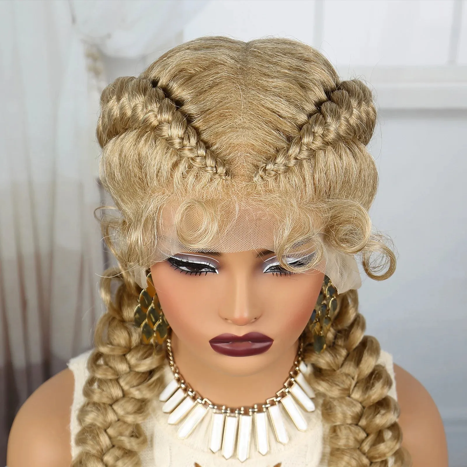 36 Inch Synthetic Lace Braided Wig Blonde Twisted Braids Wigs Transparent Lace Front Braided Wigs for Black Women with Baby Hair