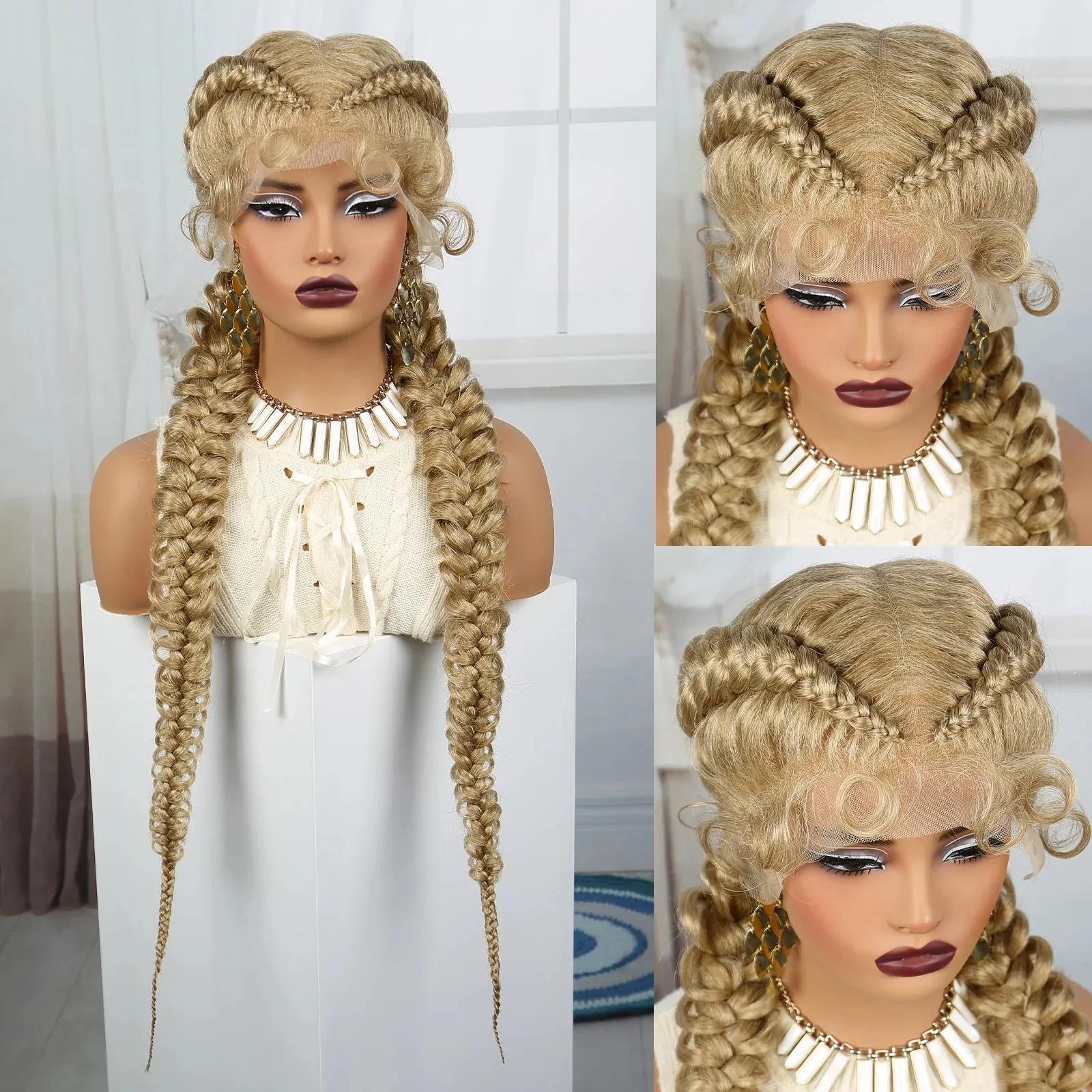 36 Inch Synthetic Lace Braided Wig Blonde Twisted Braids Wigs Transparent Lace Front Braided Wigs for Black Women with Baby Hair