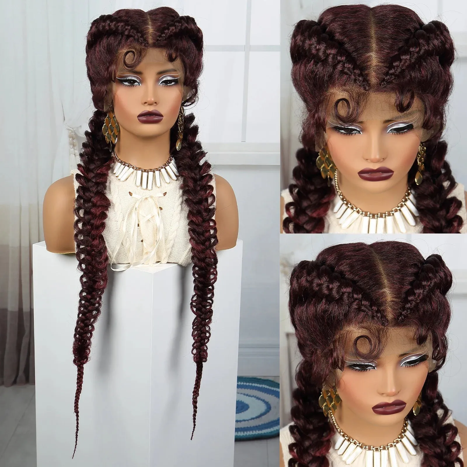 36 Inch Synthetic Lace Braided Wig Blonde Twisted Braids Wigs Transparent Lace Front Braided Wigs for Black Women with Baby Hair