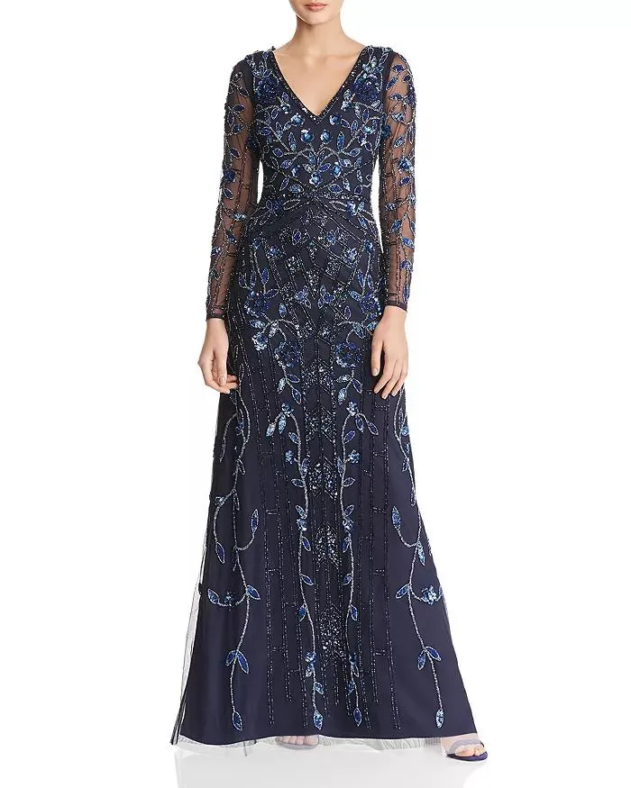 Aidan Mattox - MD1E203314 Embellished Sheer Long Sleeves A-line Dress