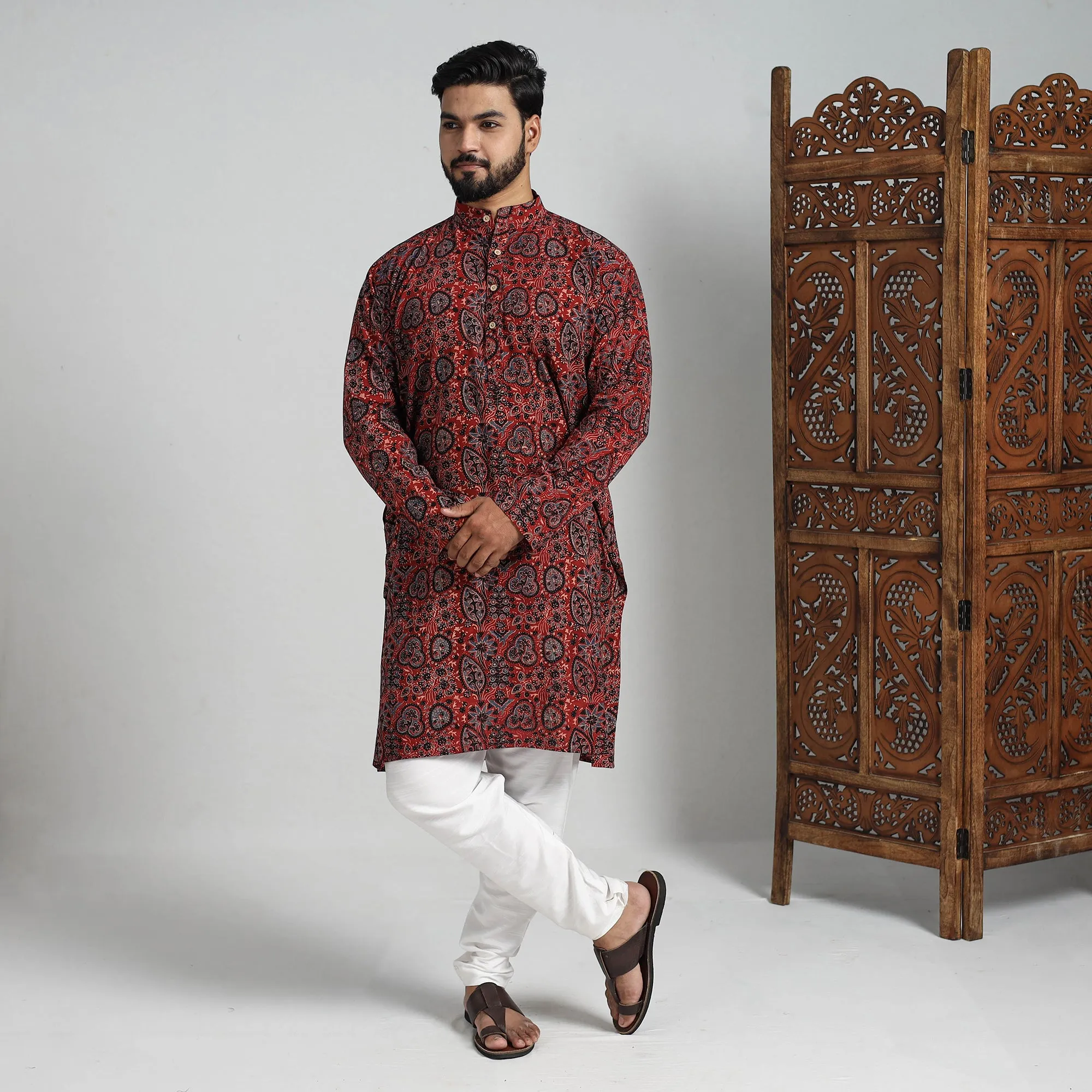 Ajrakh Block Printed Cotton Men Long Kurta 15