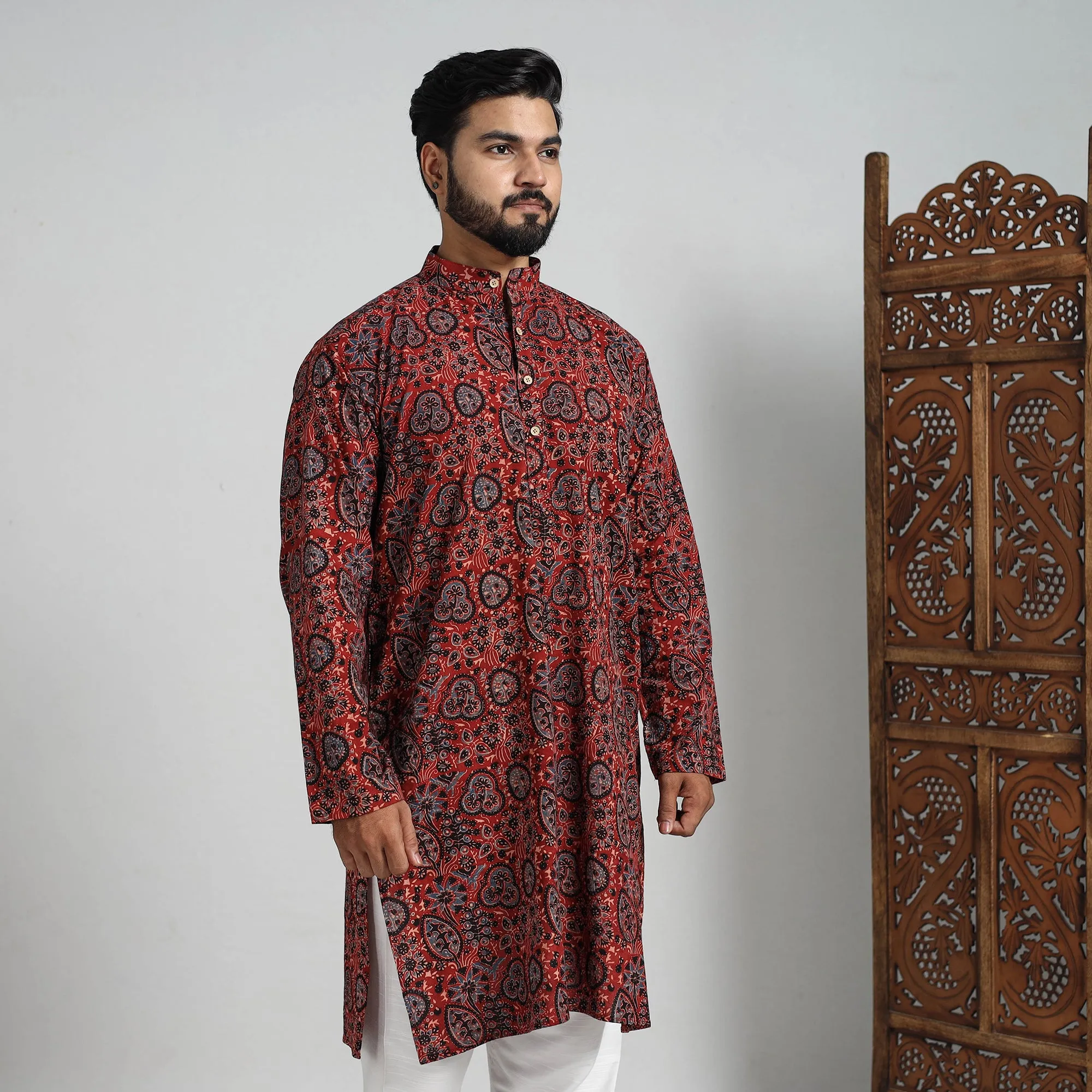 Ajrakh Block Printed Cotton Men Long Kurta 15