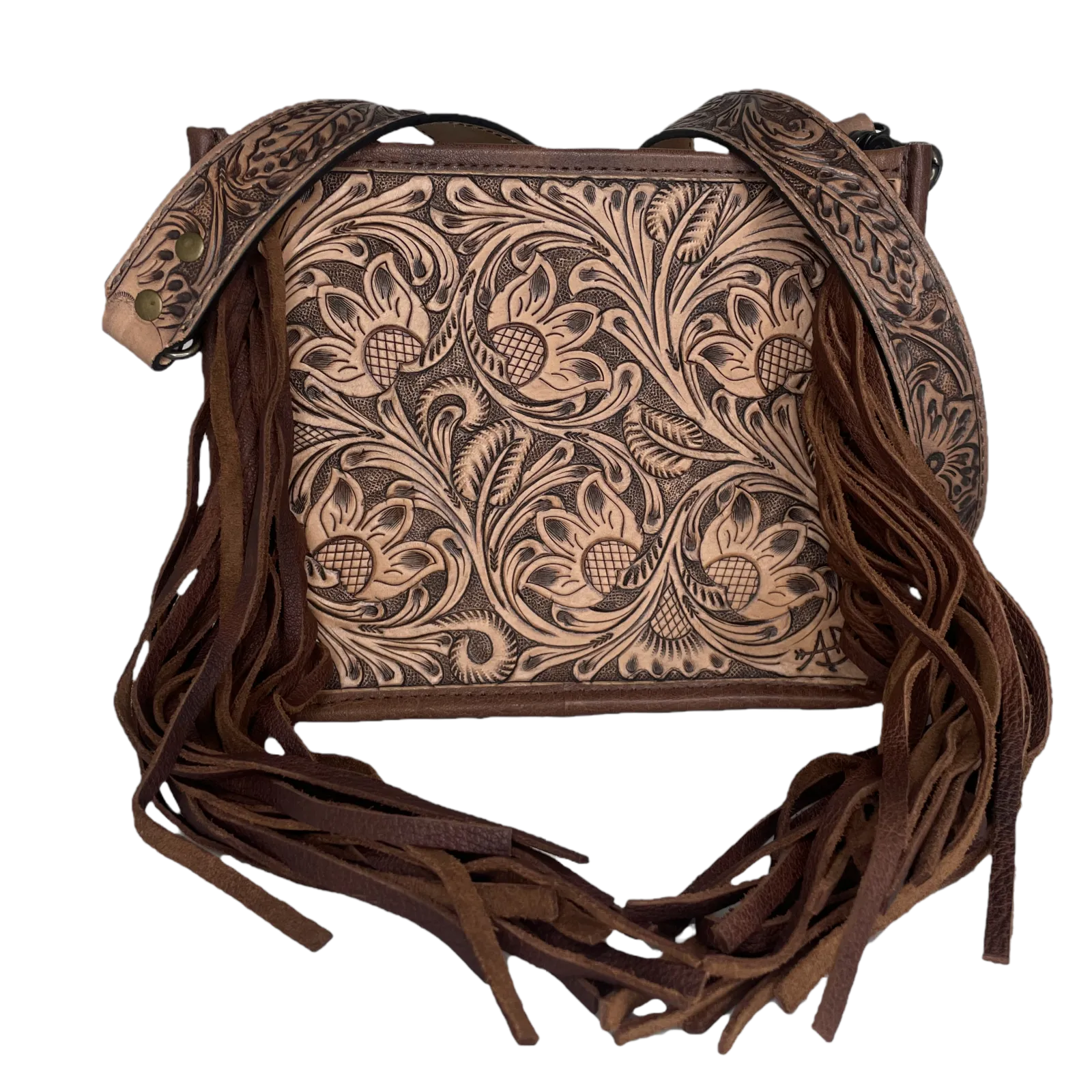 American Darling® Fringed Floral Embossed Brown Leather Bag ADBG324