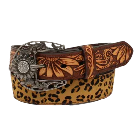 Angel Ranch® Ladies Leopard Sunflower Tooled Brown Belt D140001802