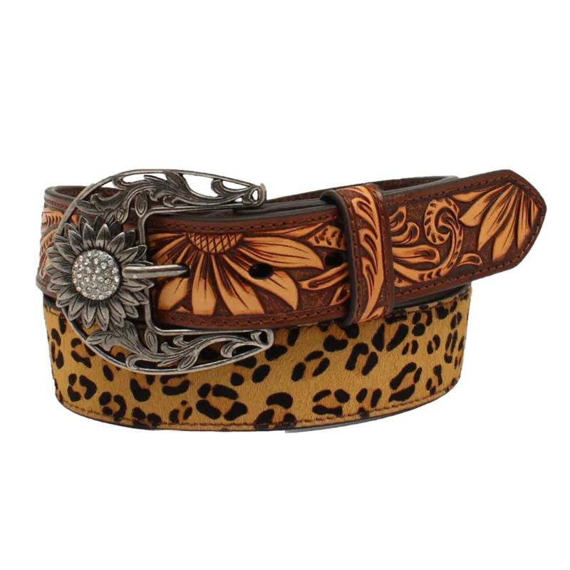 Angel Ranch® Ladies Leopard Sunflower Tooled Brown Belt D140001802