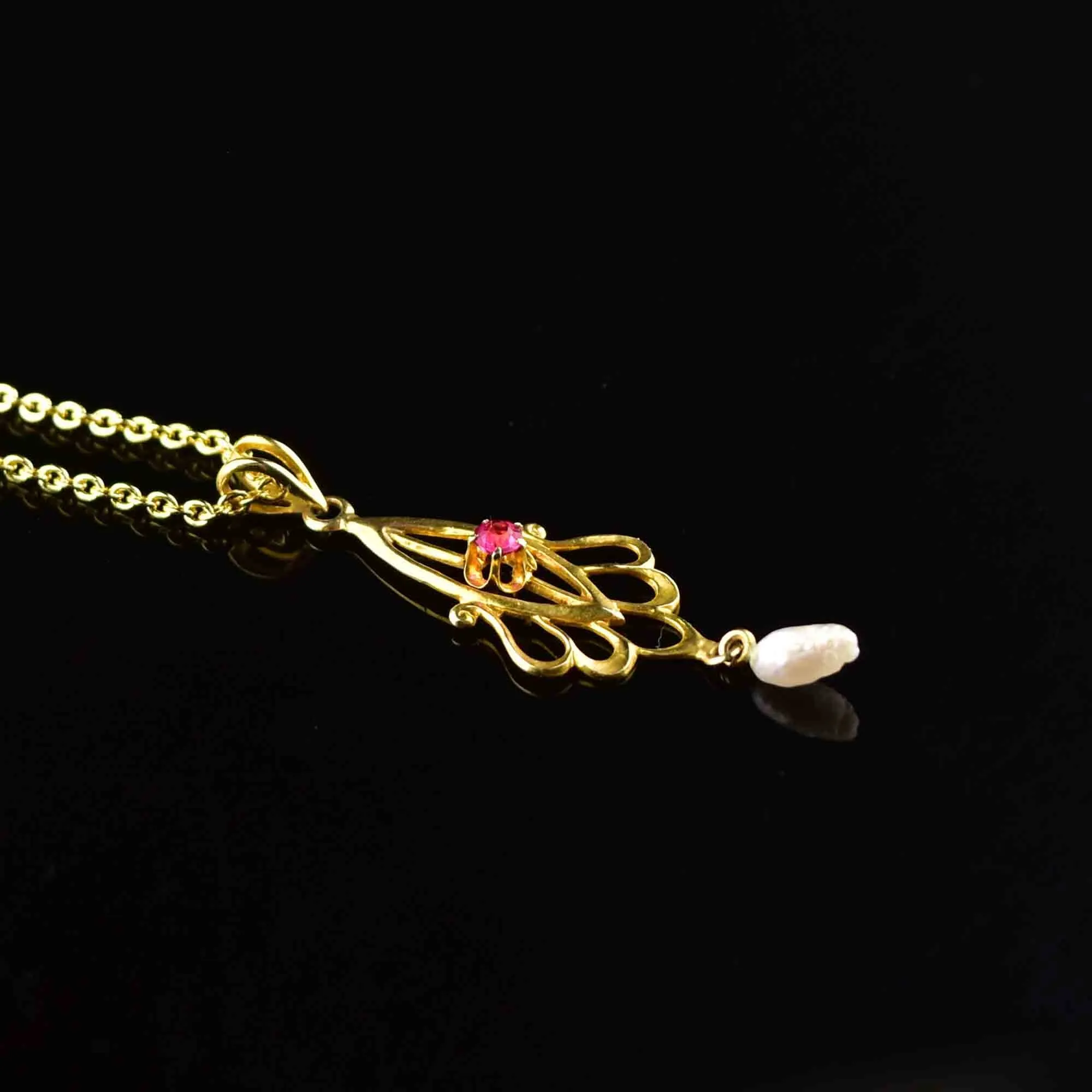 Antique 10K Gold Ruby Pearl Lavalier Pendant Necklace