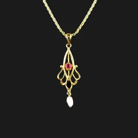 Antique 10K Gold Ruby Pearl Lavalier Pendant Necklace