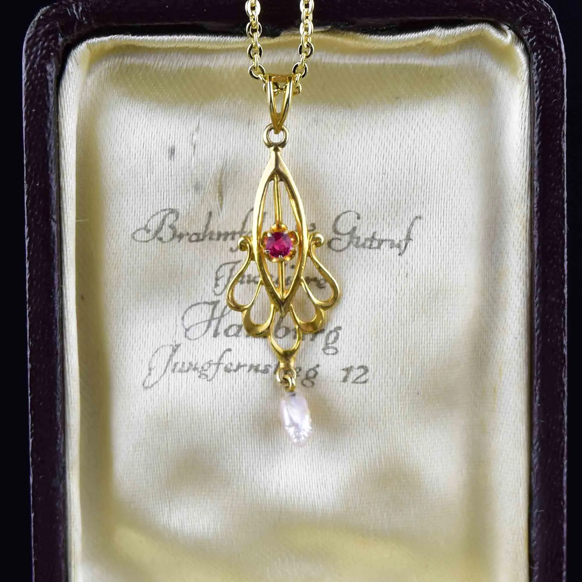 Antique 10K Gold Ruby Pearl Lavalier Pendant Necklace