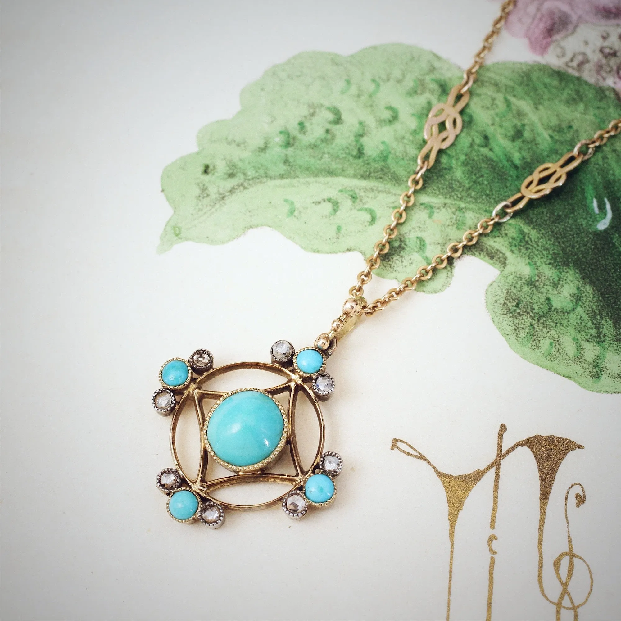 Antique Edwardian Turquoise & Diamond Pendant