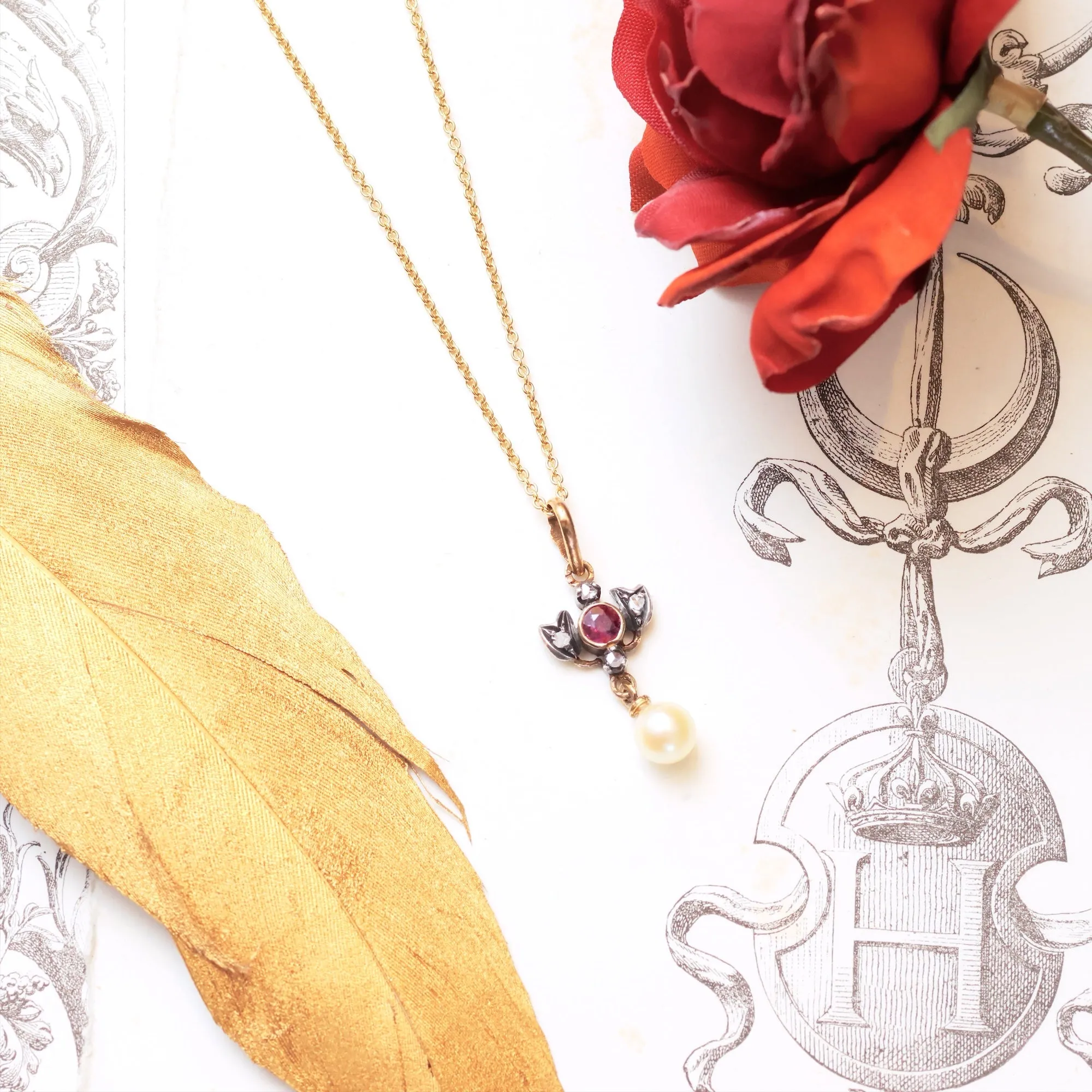 Antique Prettiness! Ruby, Diamond & Pearl Pendant