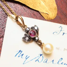 Antique Prettiness! Ruby, Diamond & Pearl Pendant