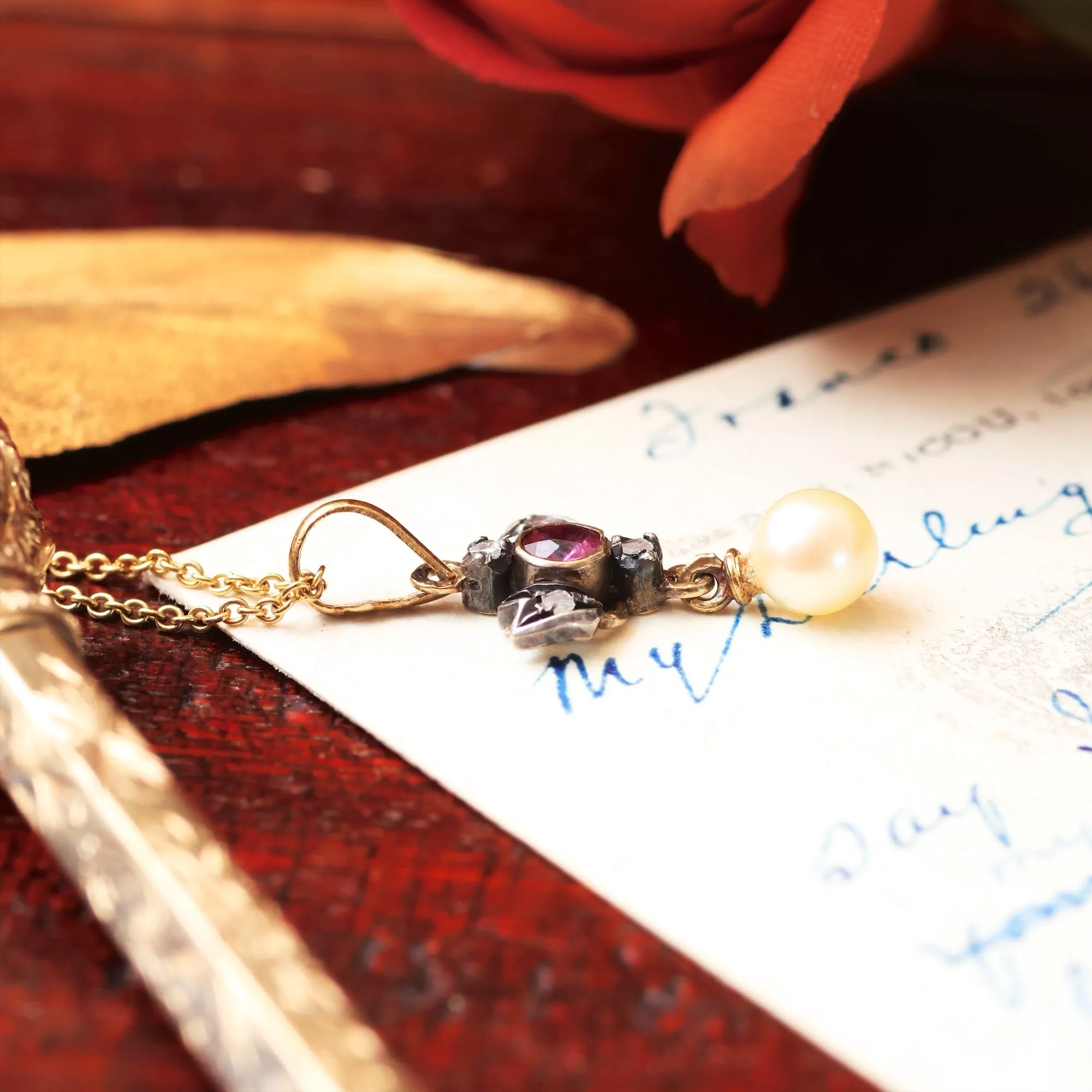 Antique Prettiness! Ruby, Diamond & Pearl Pendant