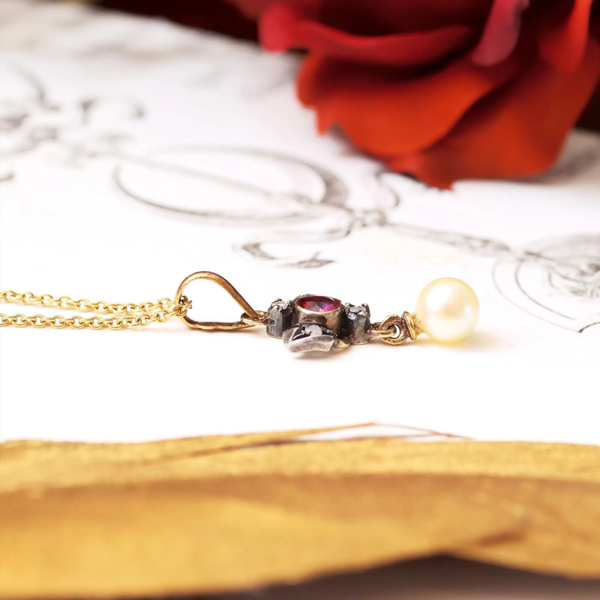 Antique Prettiness! Ruby, Diamond & Pearl Pendant