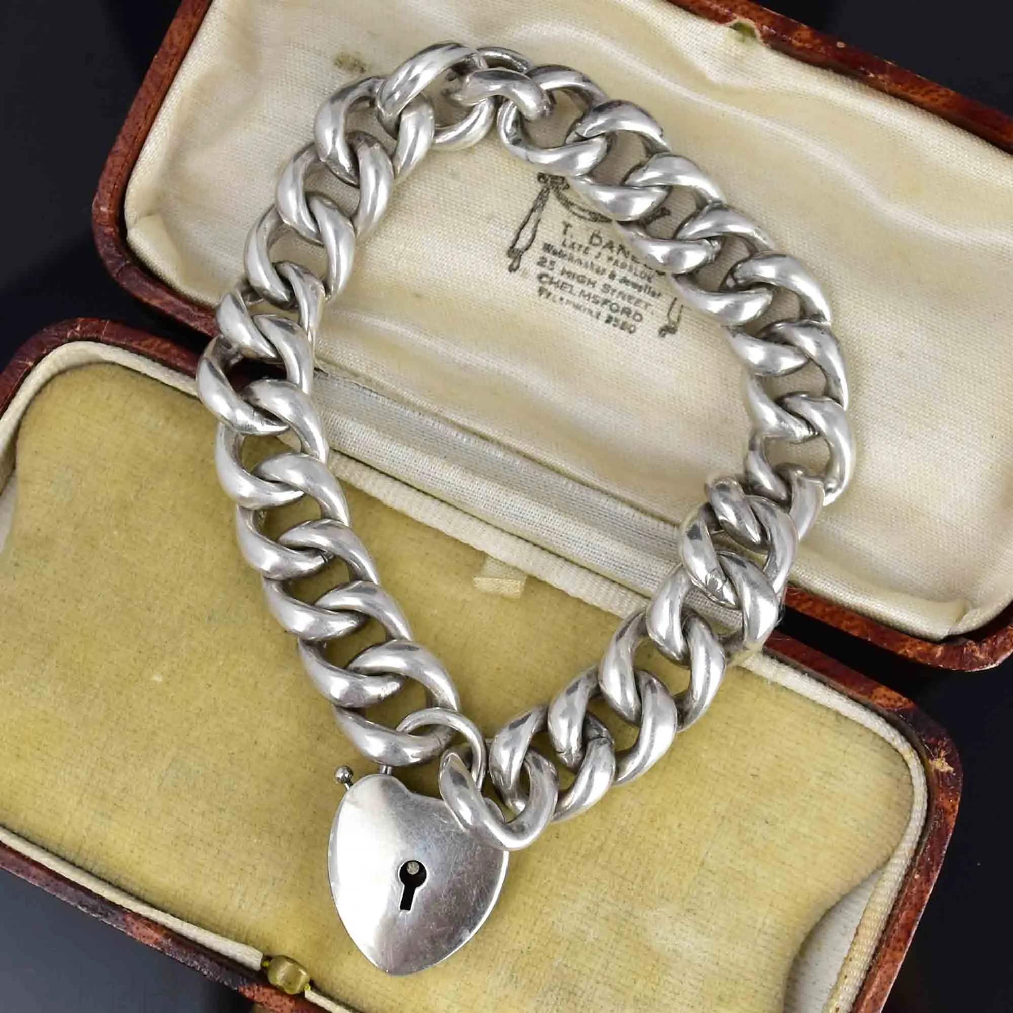 Antique Silver Heart Padlock Curb Chain Victorian Bracelet