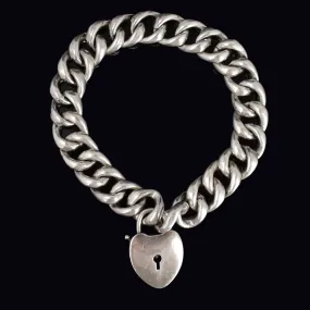 Antique Silver Heart Padlock Curb Chain Victorian Bracelet