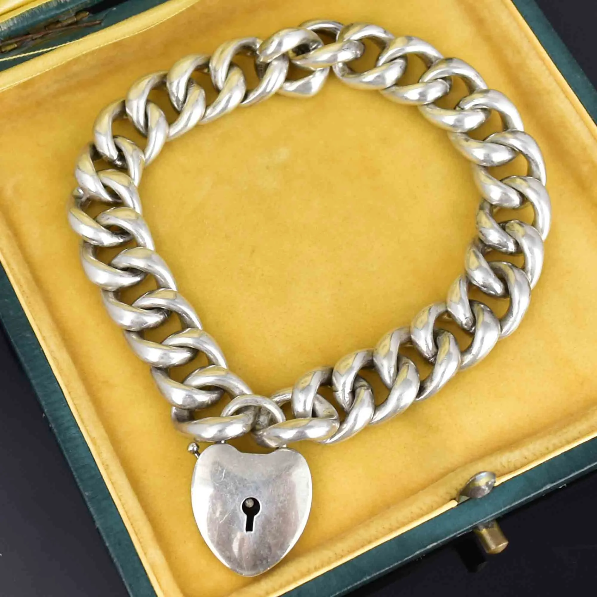 Antique Silver Heart Padlock Curb Chain Victorian Bracelet