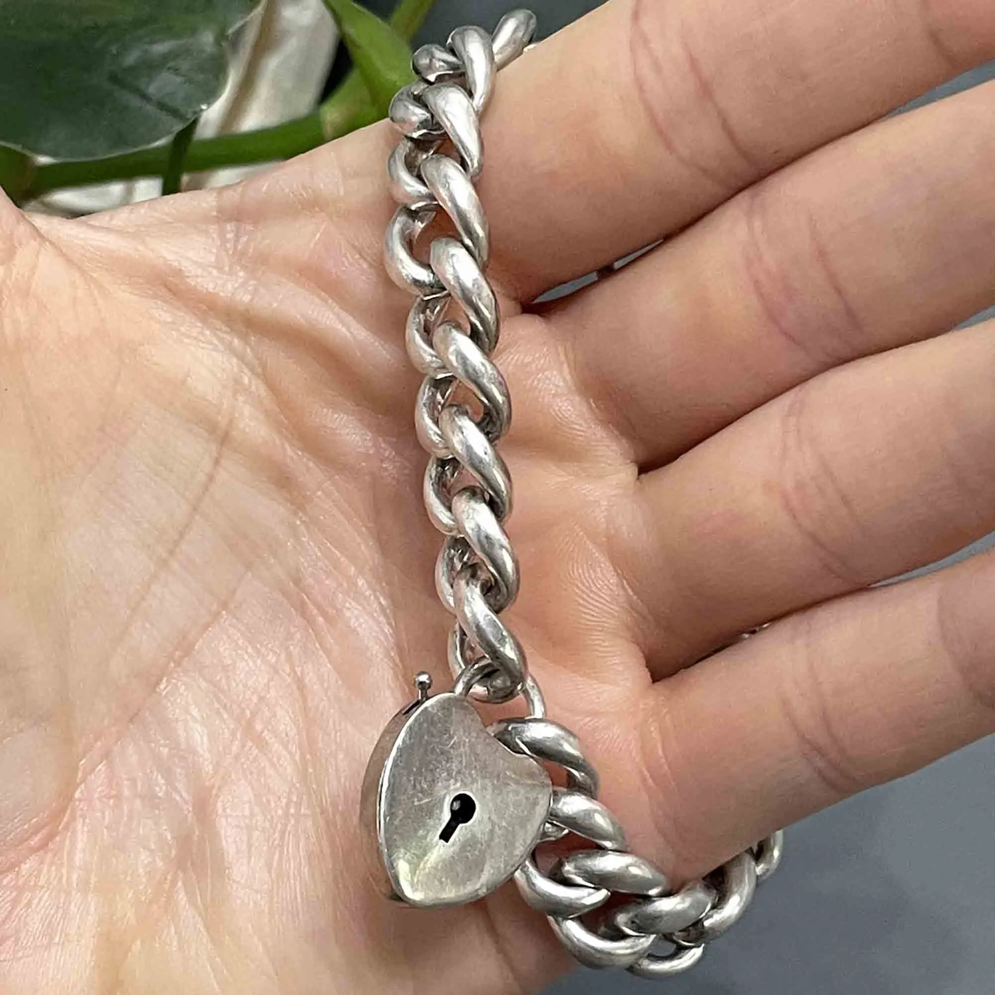 Antique Silver Heart Padlock Curb Chain Victorian Bracelet