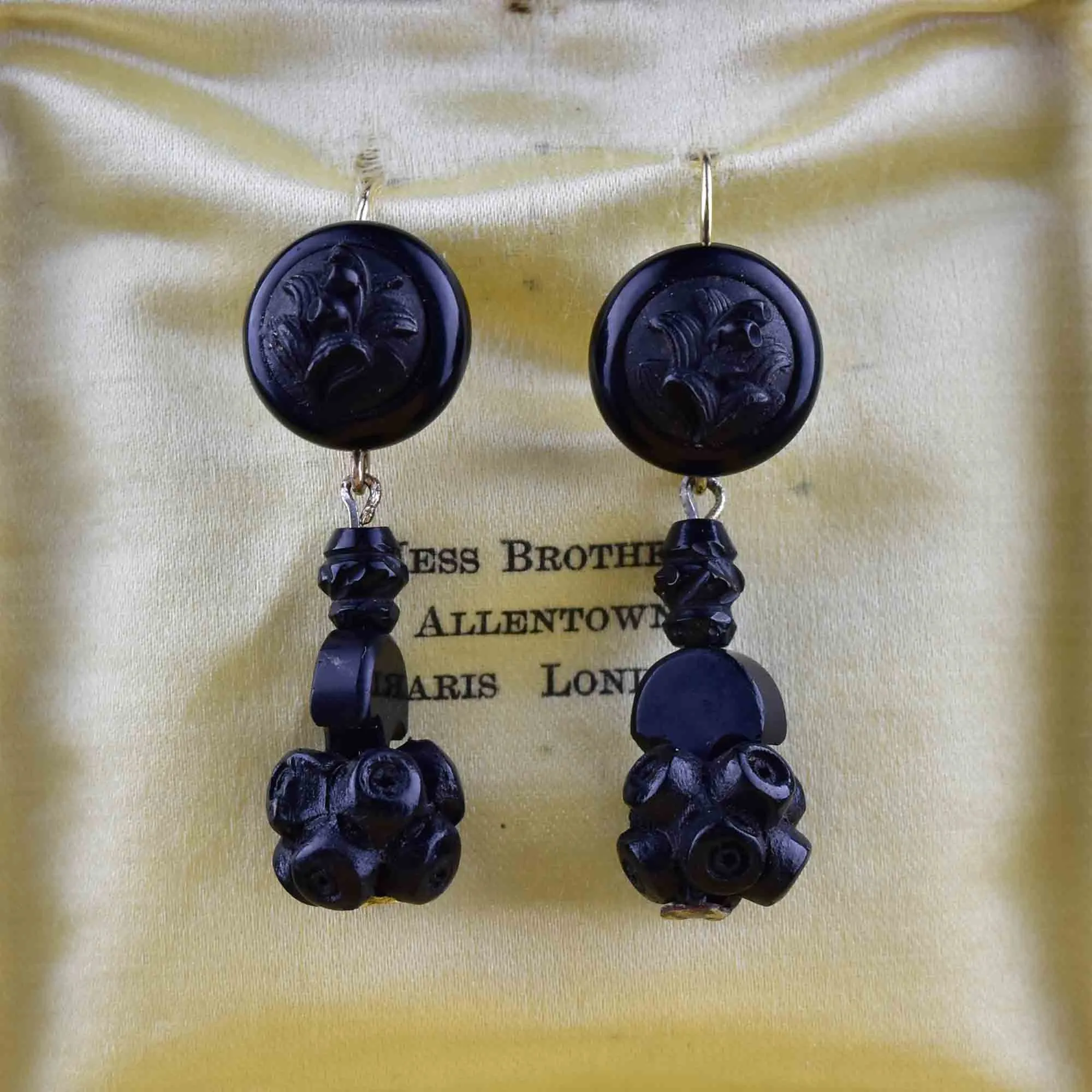 Antique Victorian Forget Me Not Whitby Jet Earrings