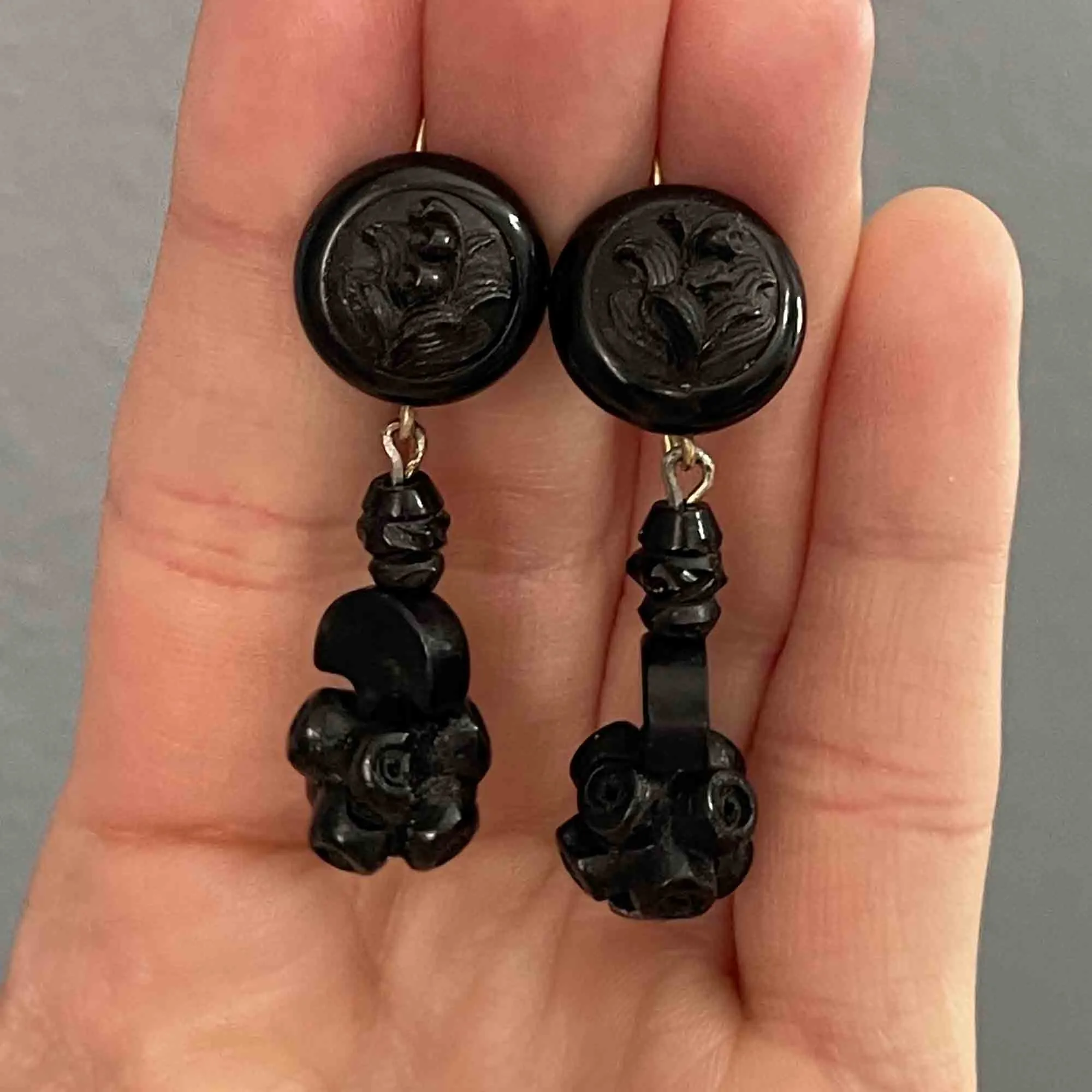 Antique Victorian Forget Me Not Whitby Jet Earrings