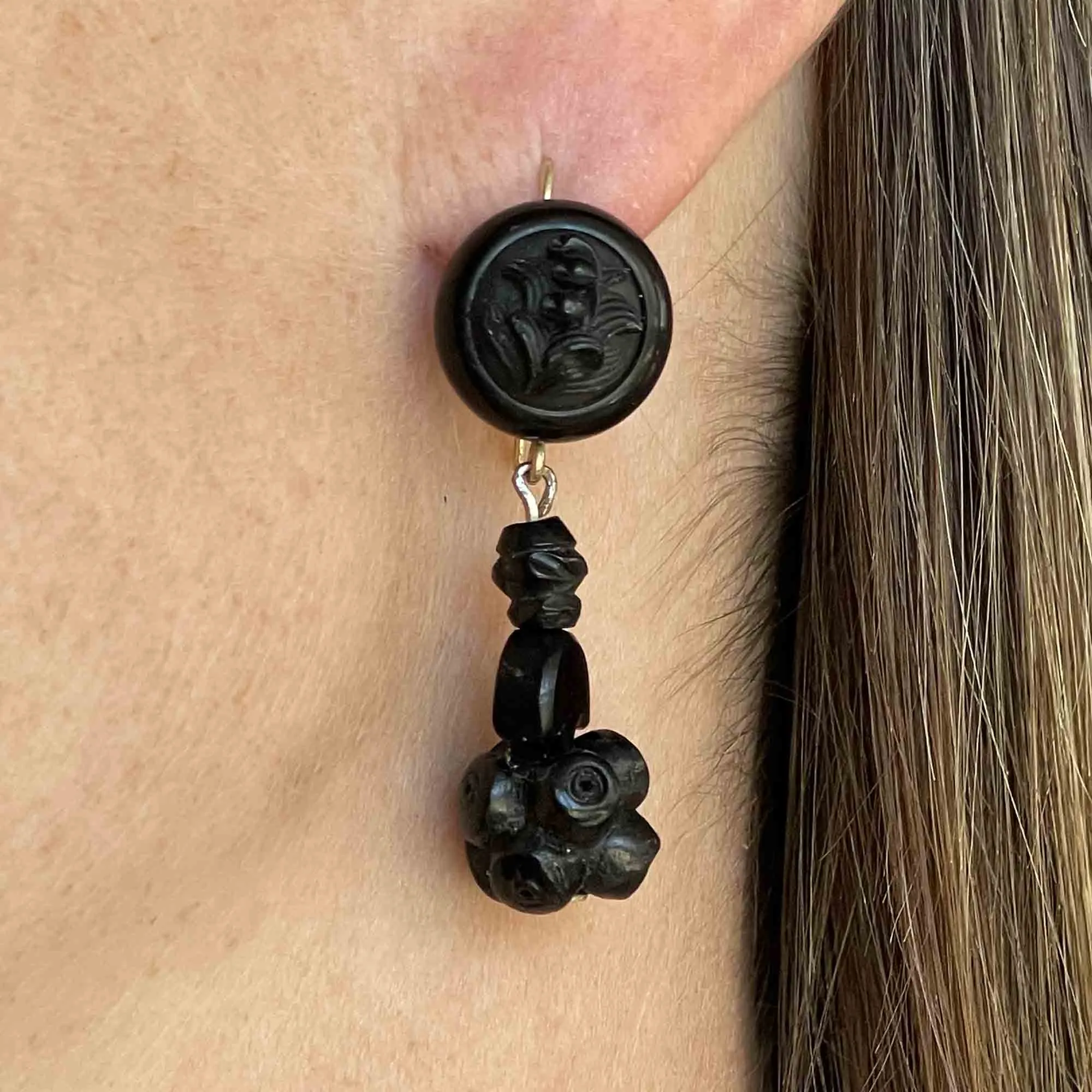 Antique Victorian Forget Me Not Whitby Jet Earrings