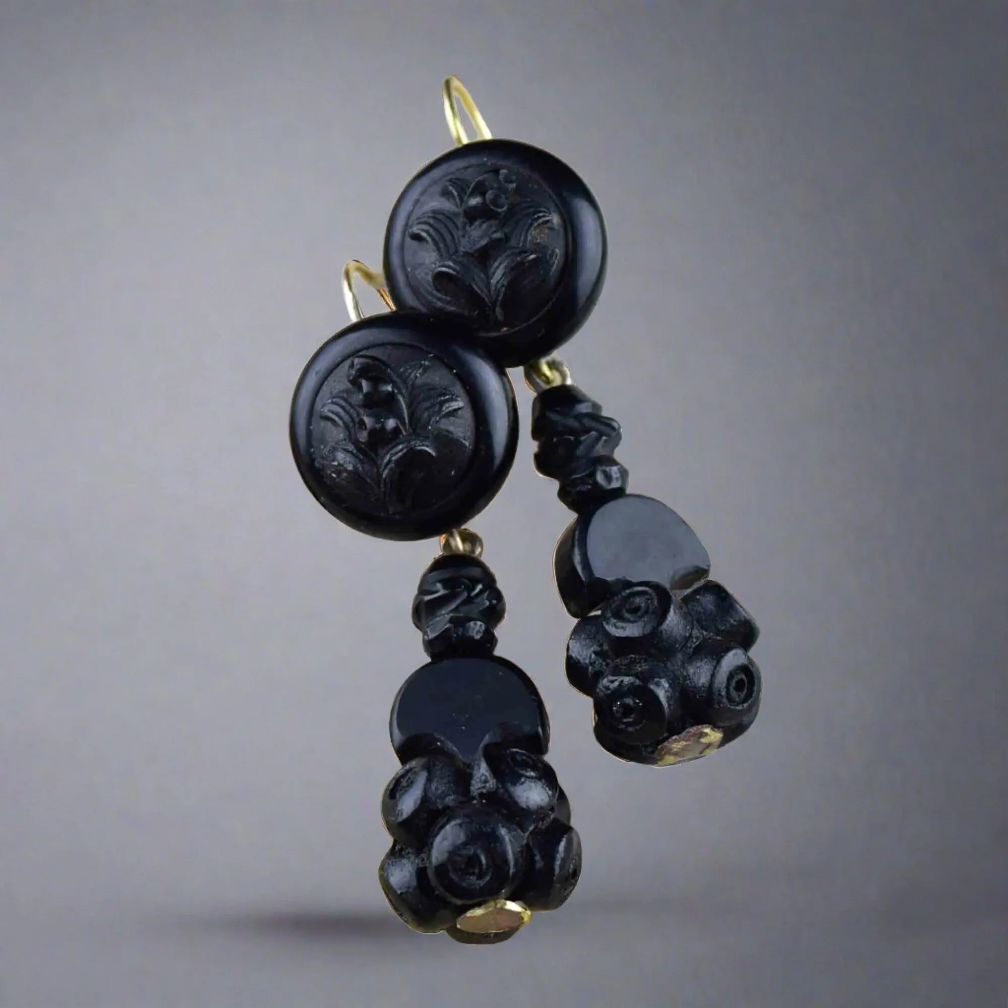 Antique Victorian Forget Me Not Whitby Jet Earrings