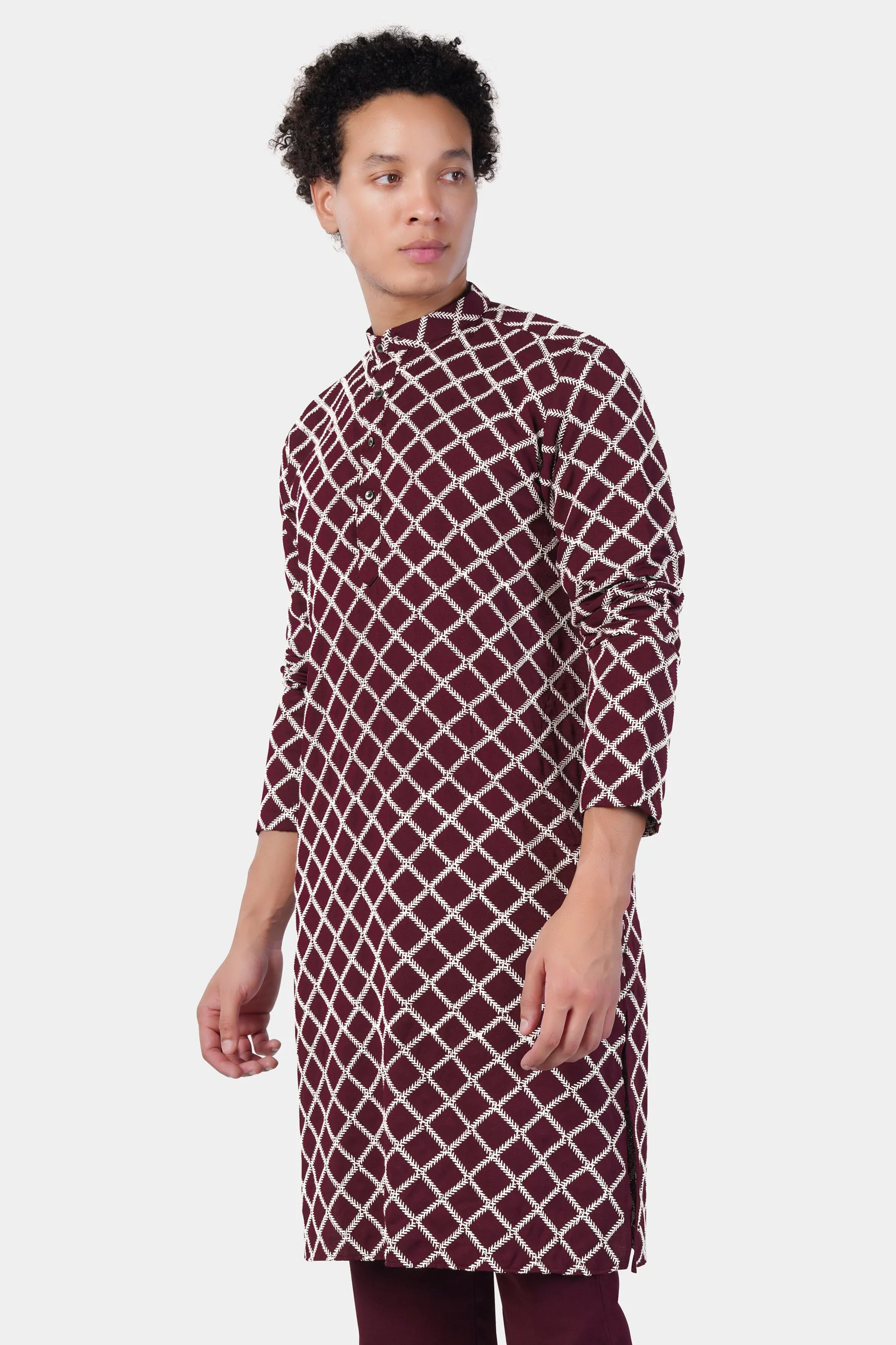 Aubergine Maroon and White Geometric Pattern Thread Embroidered Subtle Sheen Viscose Designer Kurta