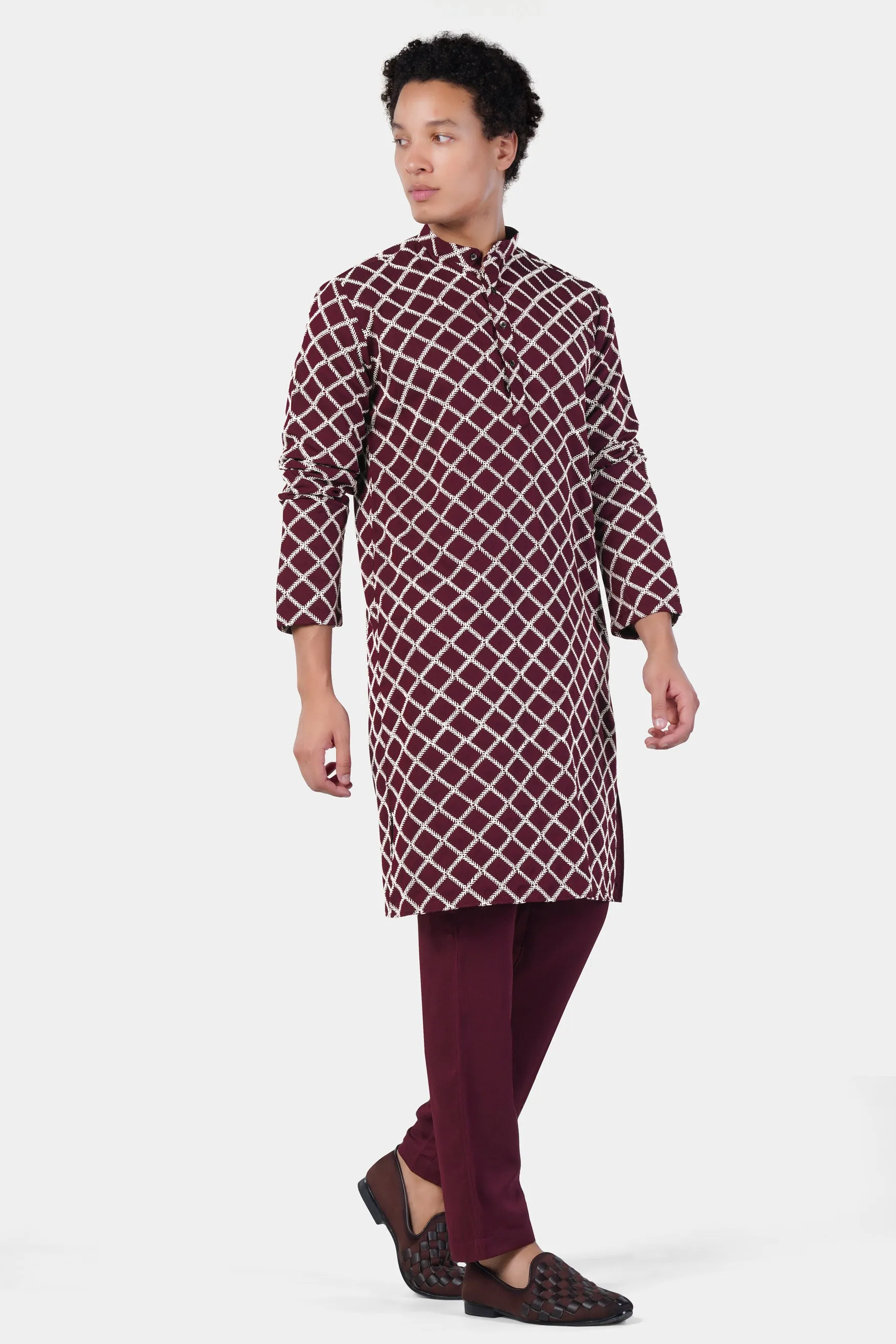 Aubergine Maroon and White Geometric Pattern Thread Embroidered Subtle Sheen Viscose Designer Kurta