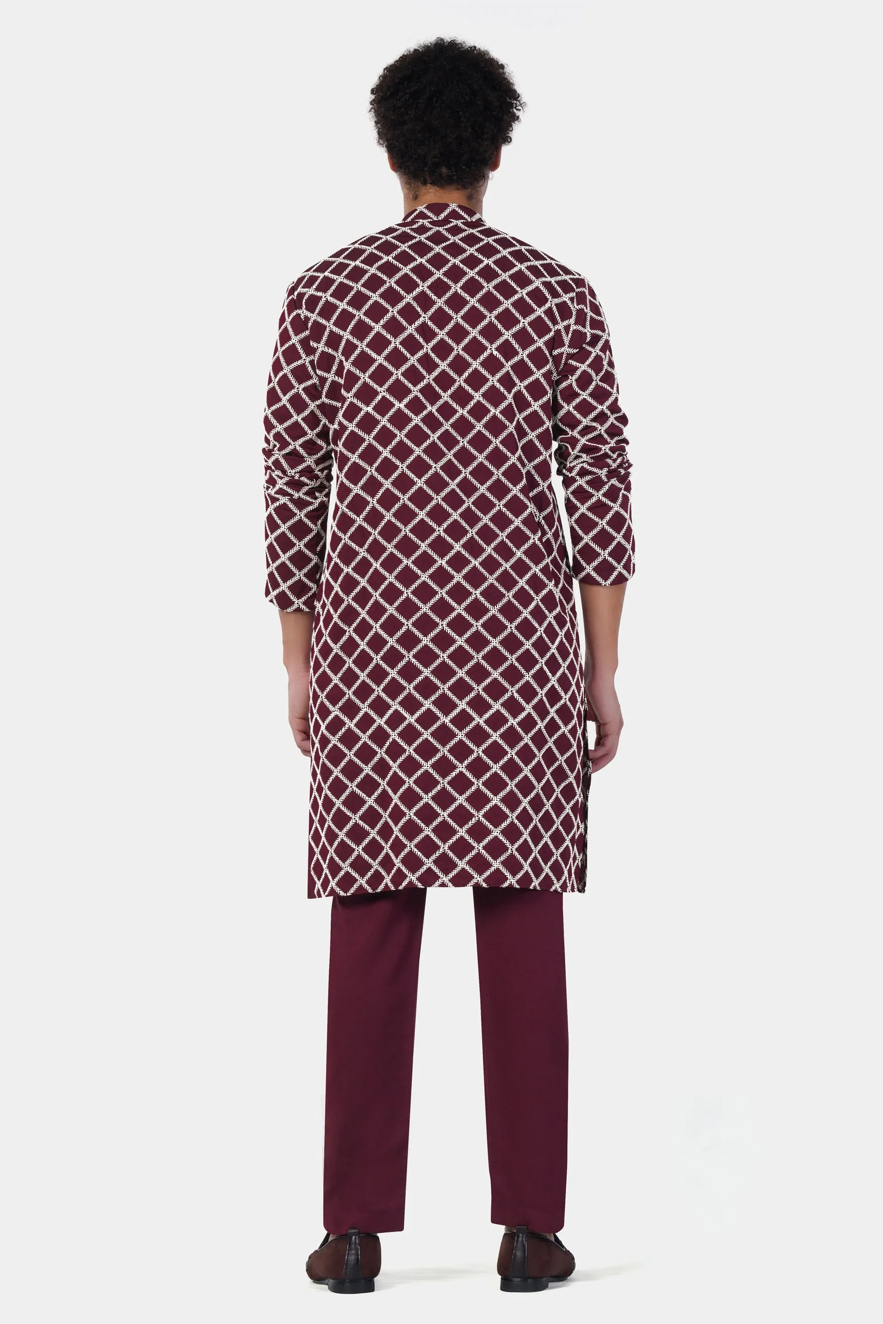 Aubergine Maroon and White Geometric Pattern Thread Embroidered Subtle Sheen Viscose Designer Kurta