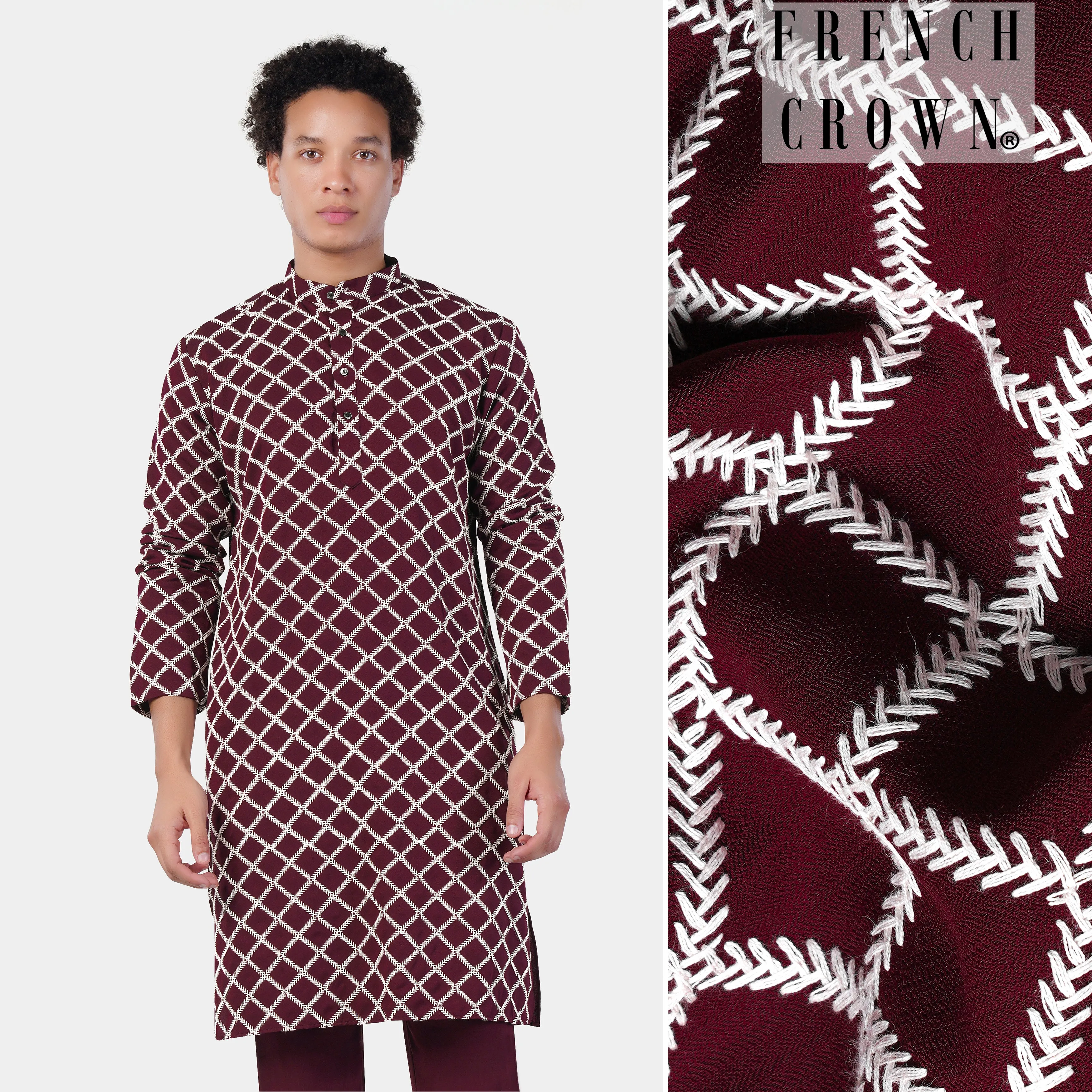 Aubergine Maroon and White Geometric Pattern Thread Embroidered Subtle Sheen Viscose Designer Kurta