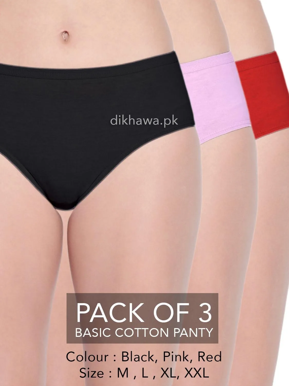 Basic Cotton Panty Pack of 3 - FL-519 - Black Pink & Red