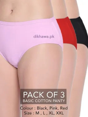 Basic Cotton Panty Pack of 3 - FL-519 - Black Pink & Red