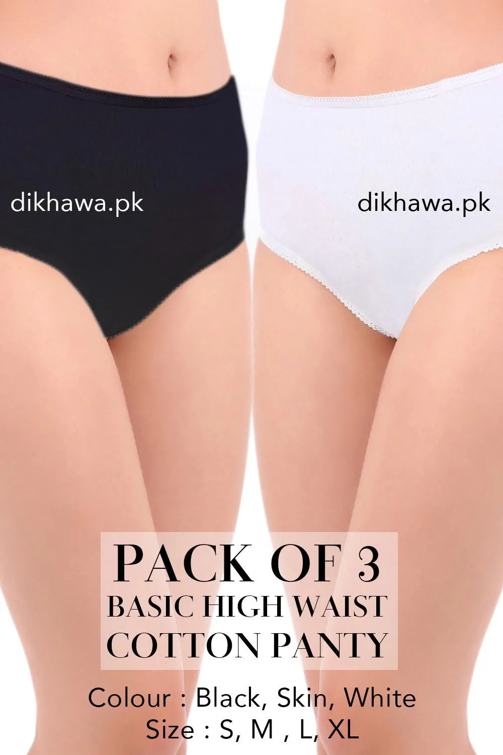 Basic High Waist Cotton Panty Pack of 3 - FL-512 - Black Skin & White