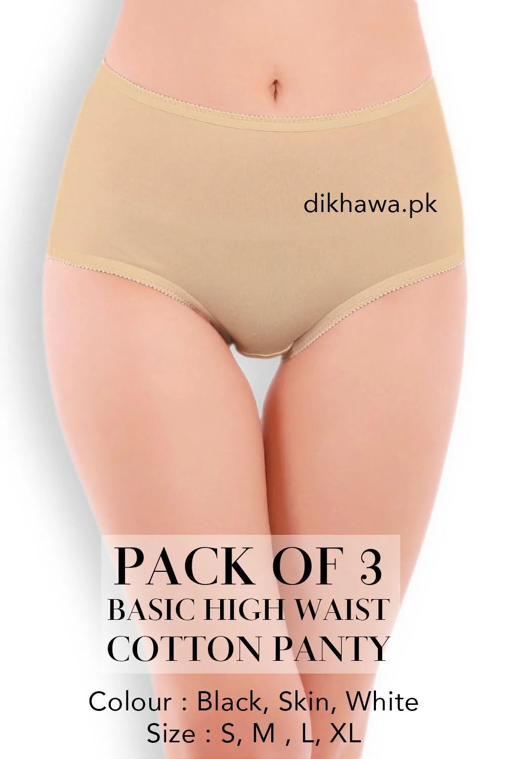 Basic High Waist Cotton Panty Pack of 3 - FL-512 - Black Skin & White