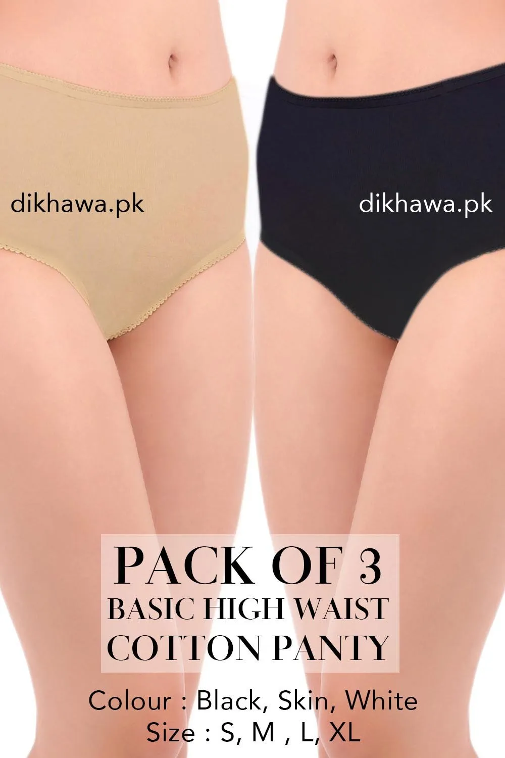 Basic High Waist Cotton Panty Pack of 3 - FL-512 - Black Skin & White