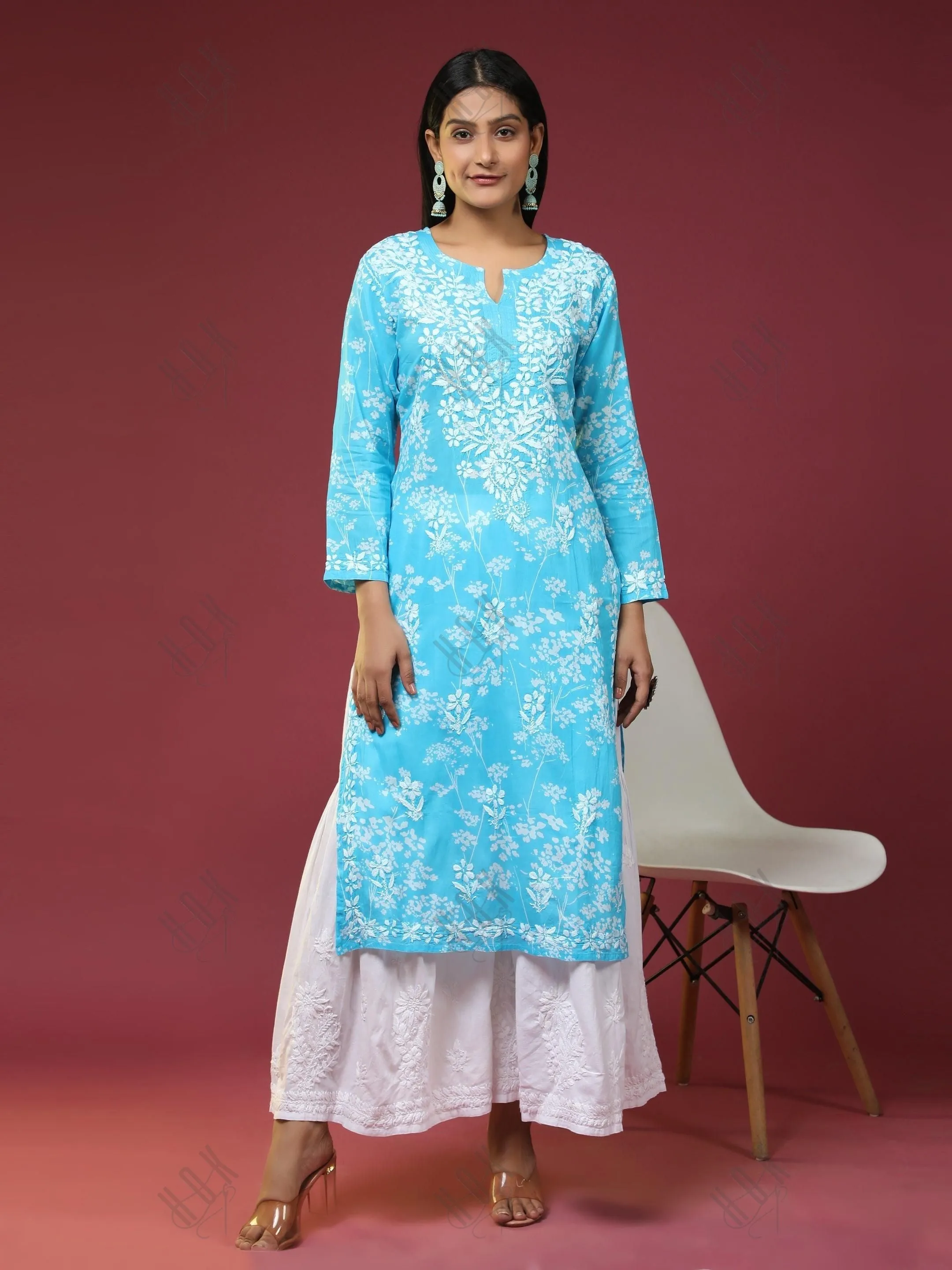 Bhavdeep in Noor Mul Printed  Hand Embroidery Chikankari Kurta- Light Blue