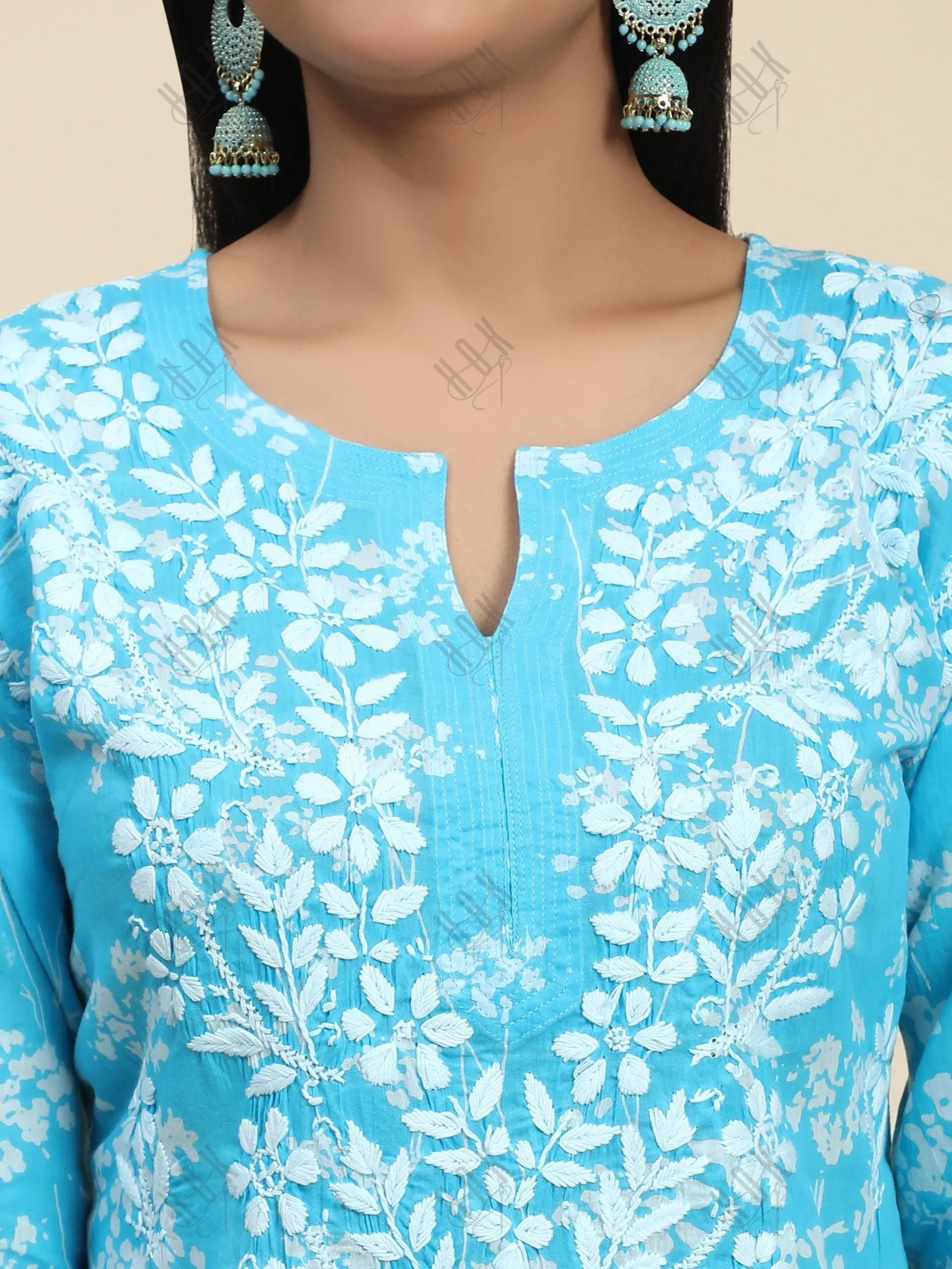 Bhavdeep in Noor Mul Printed  Hand Embroidery Chikankari Kurta- Light Blue