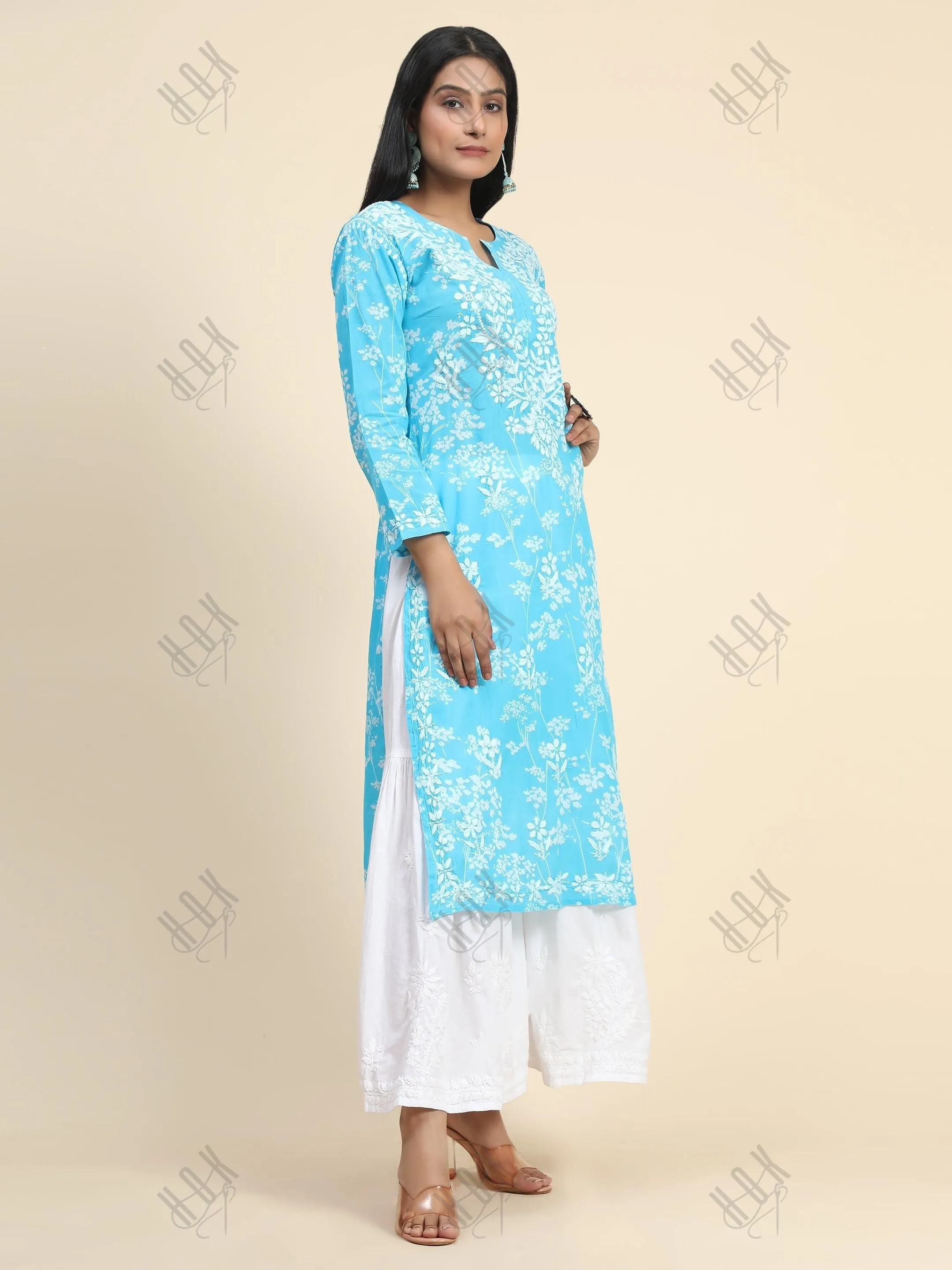 Bhavdeep in Noor Mul Printed  Hand Embroidery Chikankari Kurta- Light Blue