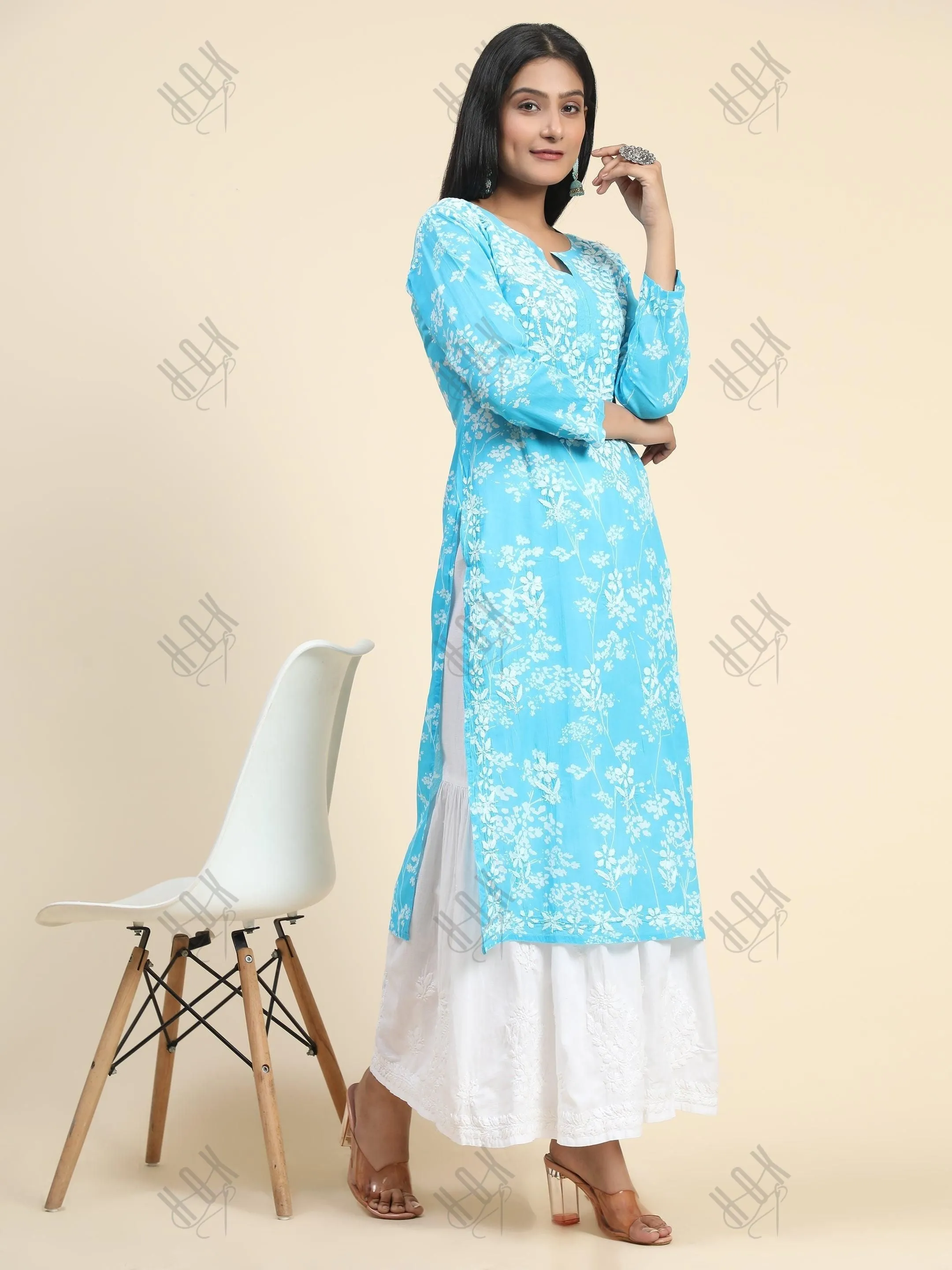 Bhavdeep in Noor Mul Printed  Hand Embroidery Chikankari Kurta- Light Blue