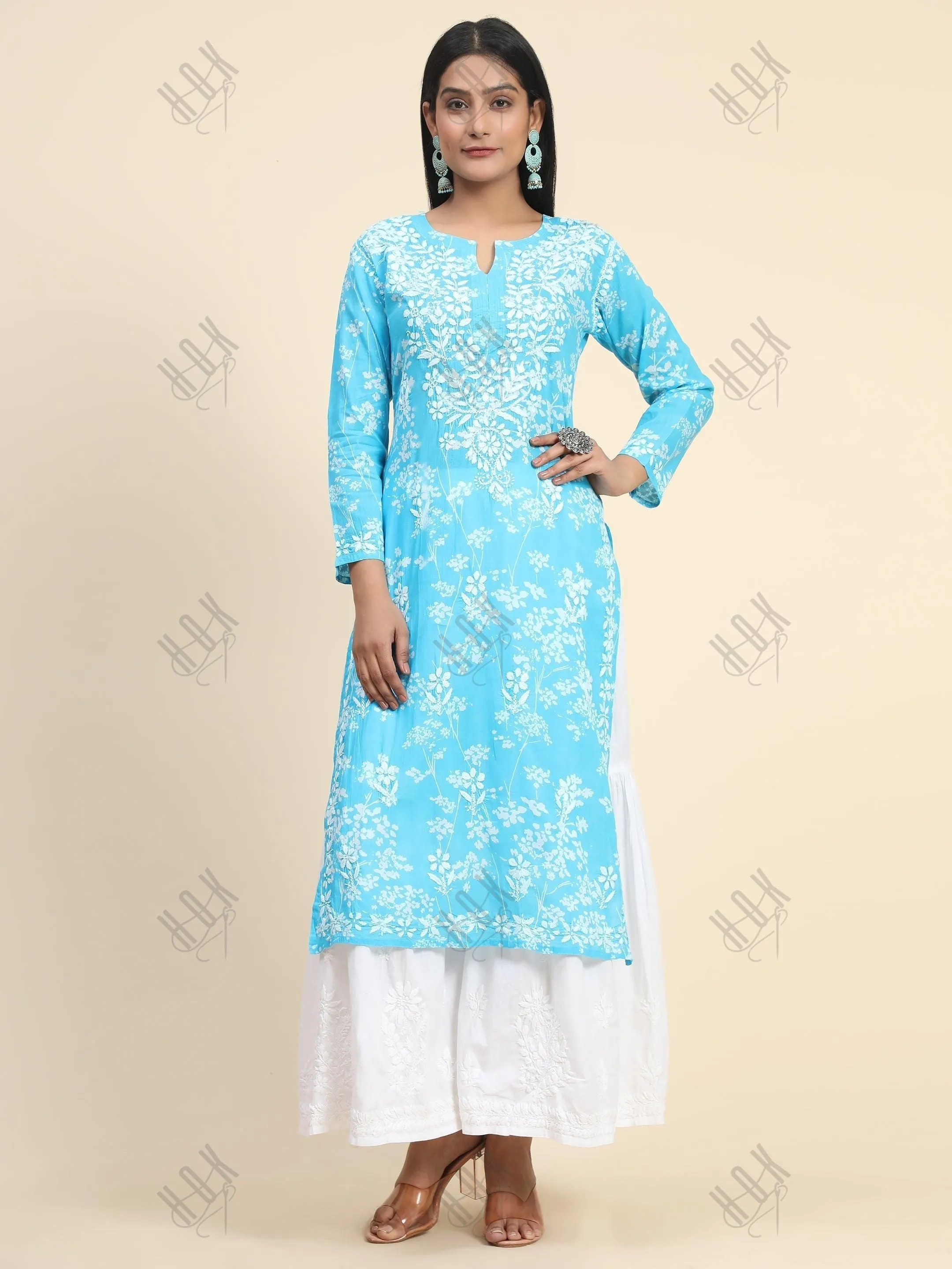 Bhavdeep in Noor Mul Printed  Hand Embroidery Chikankari Kurta- Light Blue