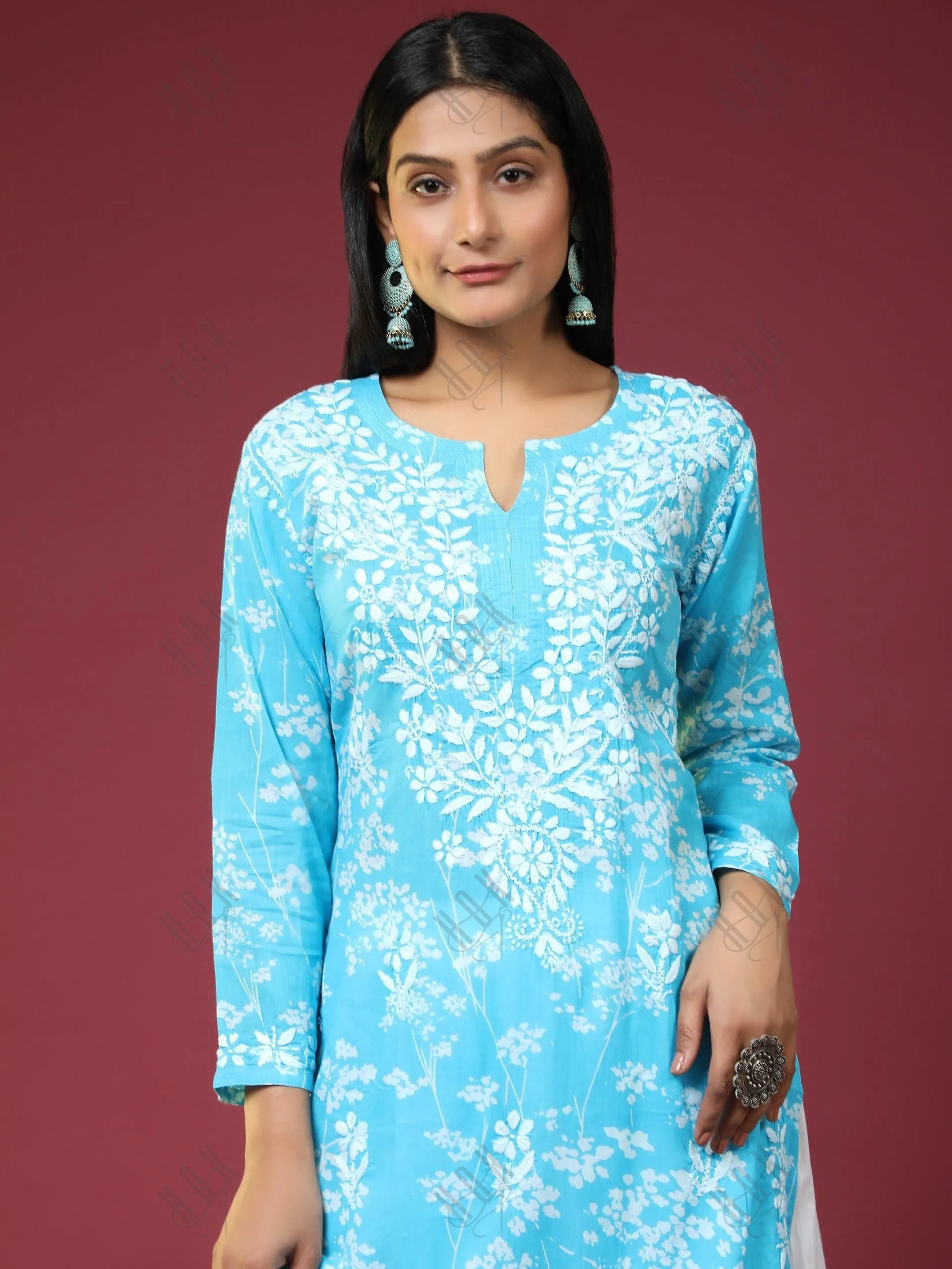 Bhavdeep in Noor Mul Printed  Hand Embroidery Chikankari Kurta- Light Blue