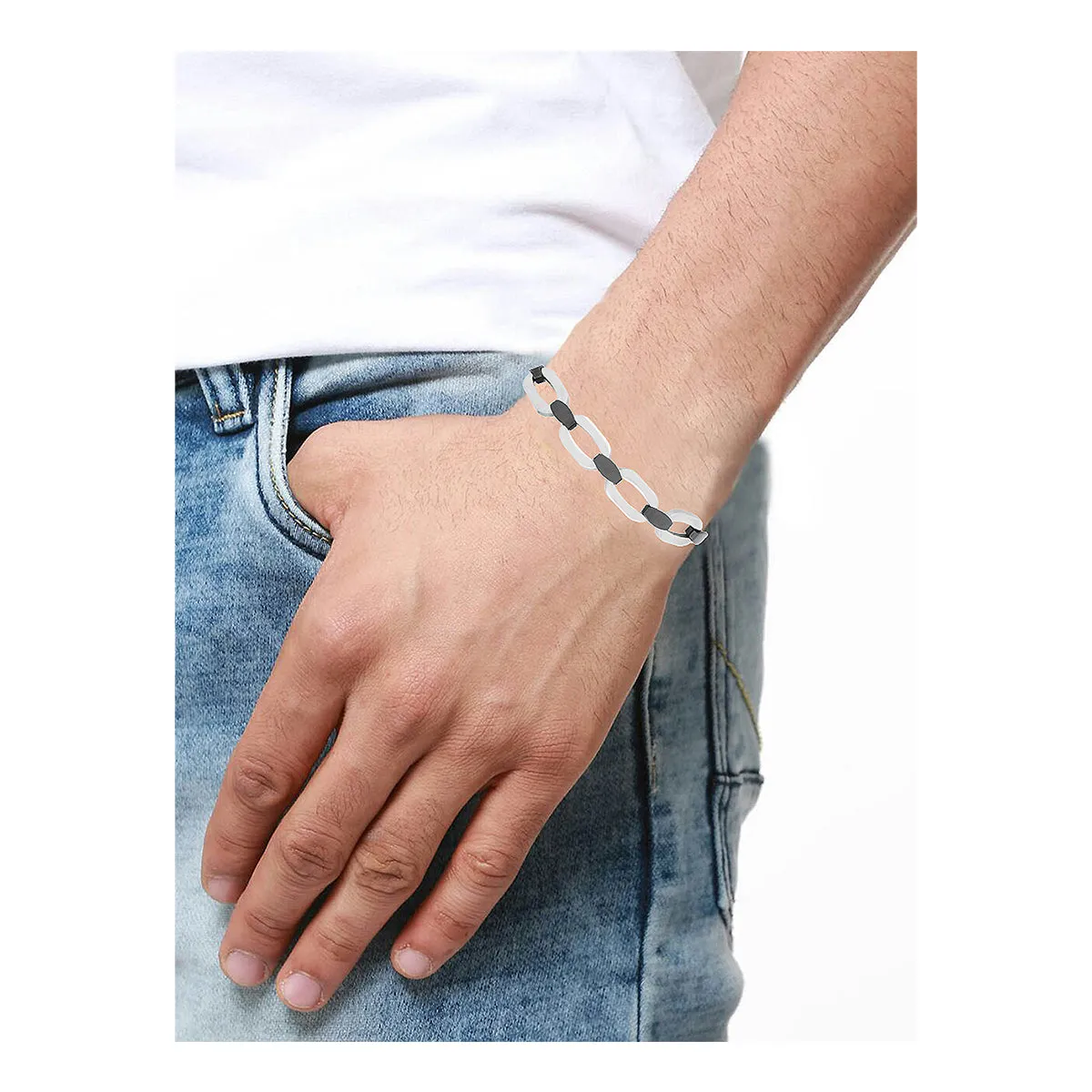 Biker Black Accents Silver Stainless Steel Chain Bracelet For Men